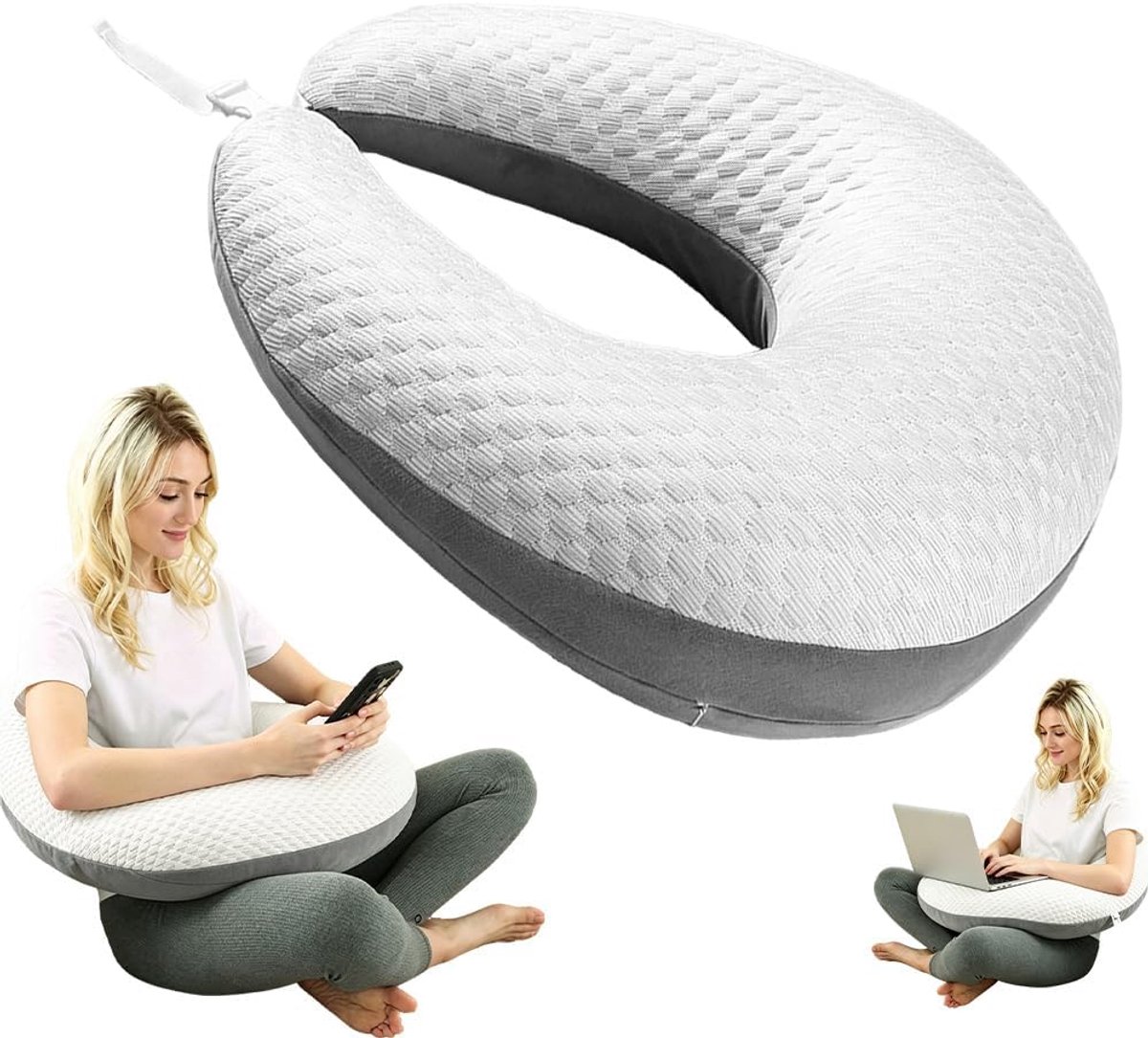 Gebreid ergonomisch kussen met U-vorm, 60x55x20 cm, grijs, afneembare hoes