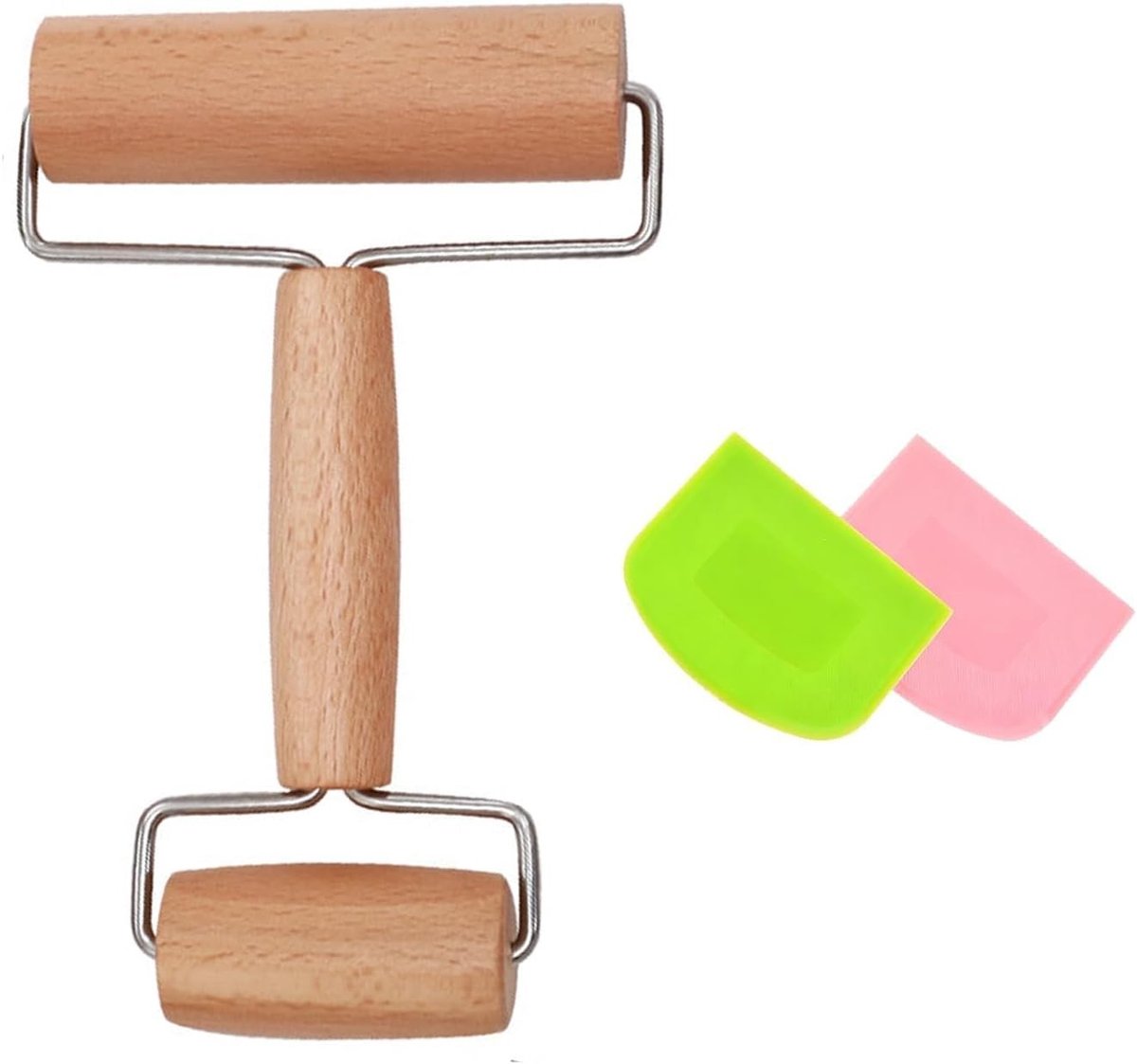 Houten deegroller met twee extra rollen en plastic schrapers voor pizza, desserts en dumplings