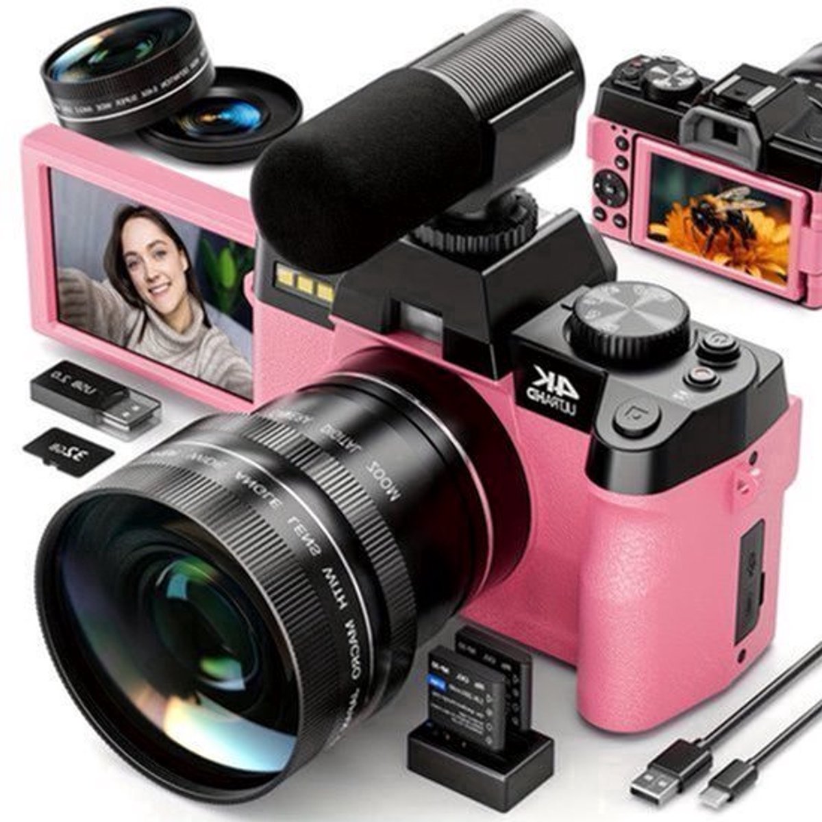 Vlogcamera – Digitale Camera – Compactcamera – Fotocamera – Video Camera – 48MP Sensor – 4K Video & 16x Zoom – Wifi & App Bediening – Anti-Shake – Inclusief 32GB Kaart – Dubbele Batterijen – Roze