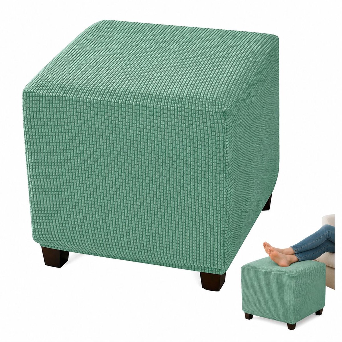 VHV - Voetenbankhoes - Stretch Hoes - Rekbare Jacquard - Geen vervorming - Comfort - Lengte 33-45,7 cm - Breedte 33-45,7 cm - Hoogte 38,1-45,7 cm - Voor Vierkante Voetenbank - Erwtengroen