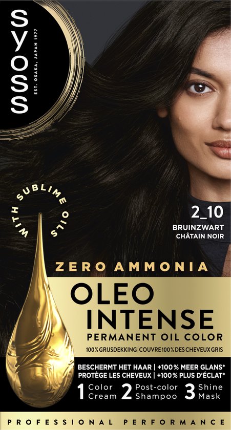 Mannequin aux cheveux brun foncé, avec une goutte d'huile et le texte 'Syoss Oleo Intense Permanent Oil Color 2-10 Brun-noir Châtain Noir'.