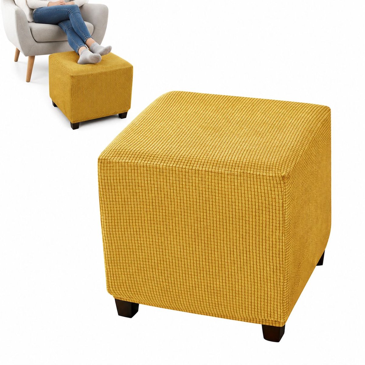 VHV - Voetenbankhoes - Stretch Hoes - Rekbare Jacquard - Geen vervorming - Comfort - Lengte 33-45,7 cm - Breedte 33-45,7 cm - Hoogte 38,1-45,7 cm - Voor Vierkante Voetenbank - Citroengeel