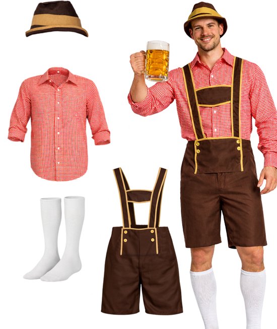 Oktoberfest Set Heren 4-Delig – Lederhosen Man met Blouse, Hoed en Sokken – Polyester – Tiroler Pak Heren – Carnavalskleding Heren – Partyxclusive – Rood – Maat L