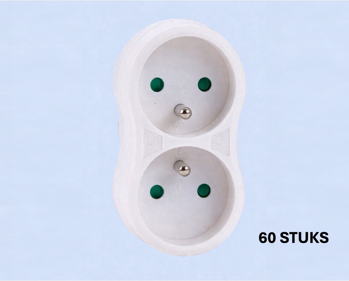 Set van 60 Tweevoudige Verdeelstekkers – Wit – 2 Stopcontacten per Stekker – 230V – 16A – Max. totaal vermogen:3680W