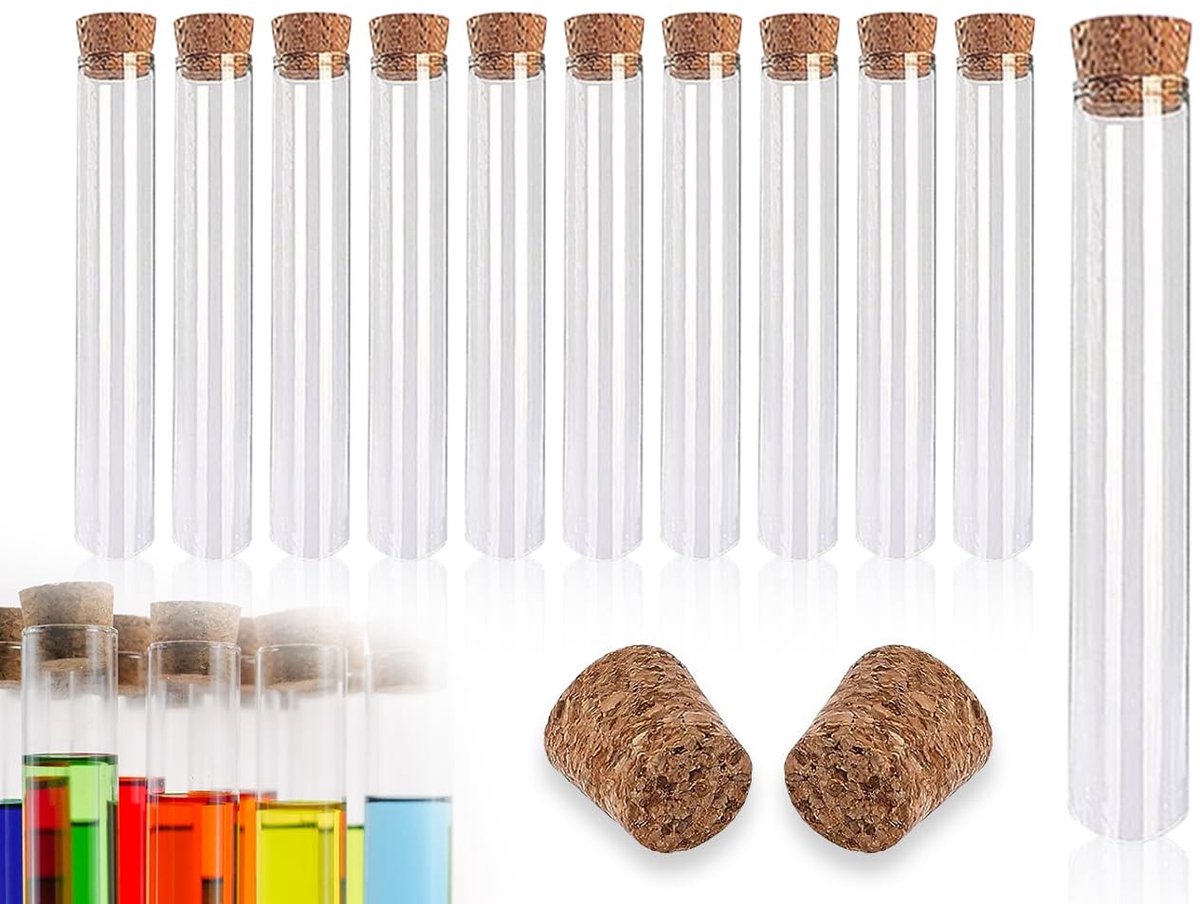 Set van 10 Transparante Testbuizen met Kurk voor Bloemen, Badzout en Chocolade, 15 x 100 mm (10 ml)