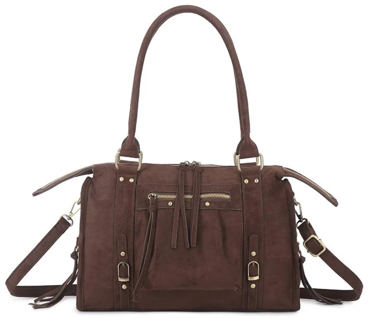 Damestas - It Girl Bag - City Bag - Suede - Koffie bruin - 36 x 15 x 23 cm - Handtas - Schoudertas.