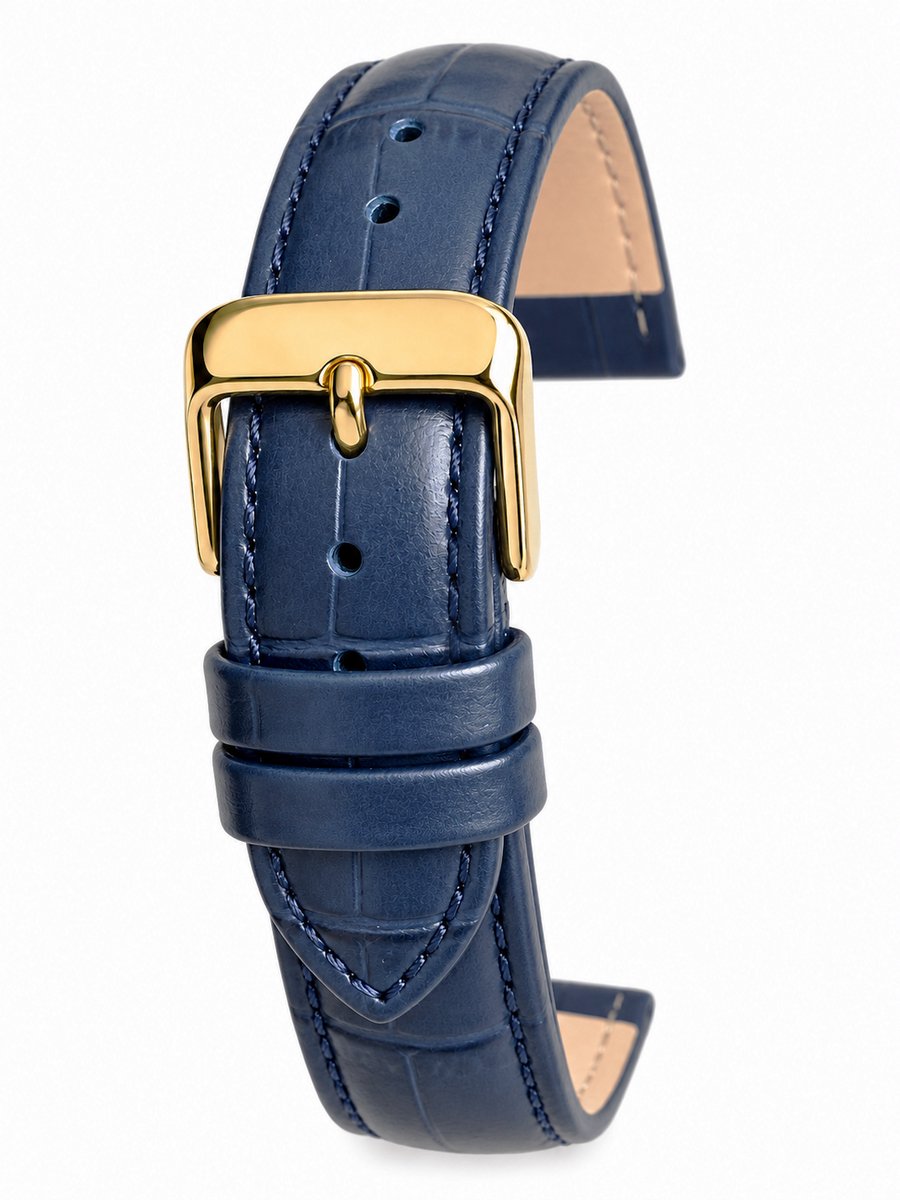 Horlogeband-Horlogebandje-20mm-BLAUW-Echt leder-Gevuld-leer-Plat-Zacht-Soepel-Croco -Gestikt-Goudkleurige Gesp-20 mm