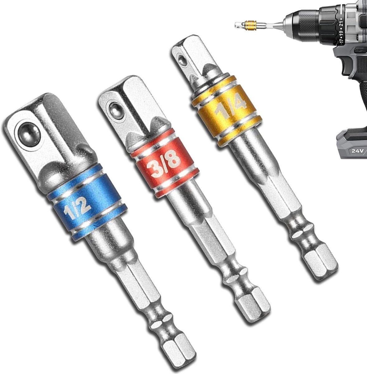 Adapterset voor 1/4", 1/2" en 3/8" Steekbussen - Verbeter je Accuschroevendraaier met Verlengstukken en Aansluitstukken