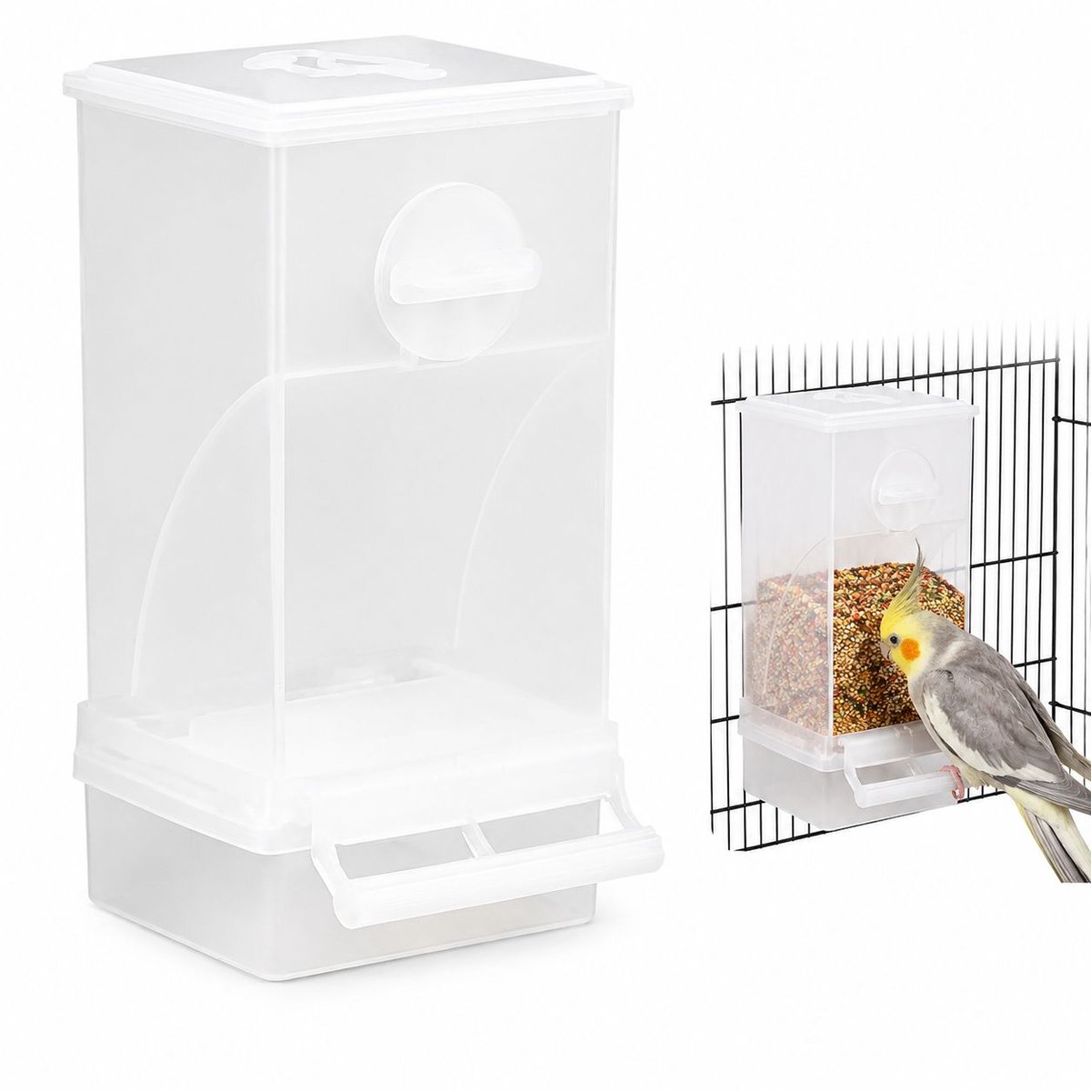 VHV - Vogelvoerbak - Automatische - Anti-Knoei - 8.5x7.5x18 cm - Met Zitstok Voederbak - Vogelkooi Accessoire - Voor Parkieten, Valkparkieten,Kanaries - Transparante