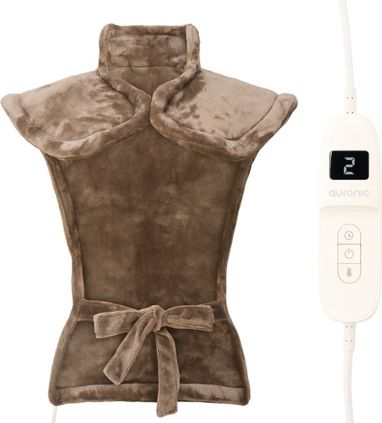 Bruin elektrisch warmtevest van Auronic met strikband en beige afstandsbediening met '2' erop.