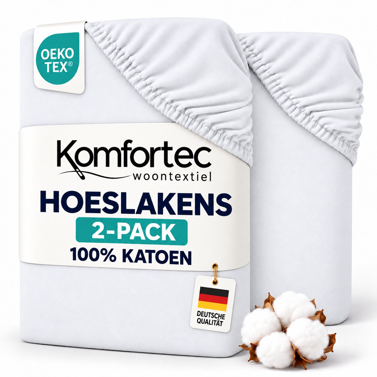 Komfortec Jersey Stretch 2-delige Hoeslaken Set 200x200 cm, Dubbelpak, 23 cm Matrasdikte, Rondom Elastiek, 100% Katoen, Wit