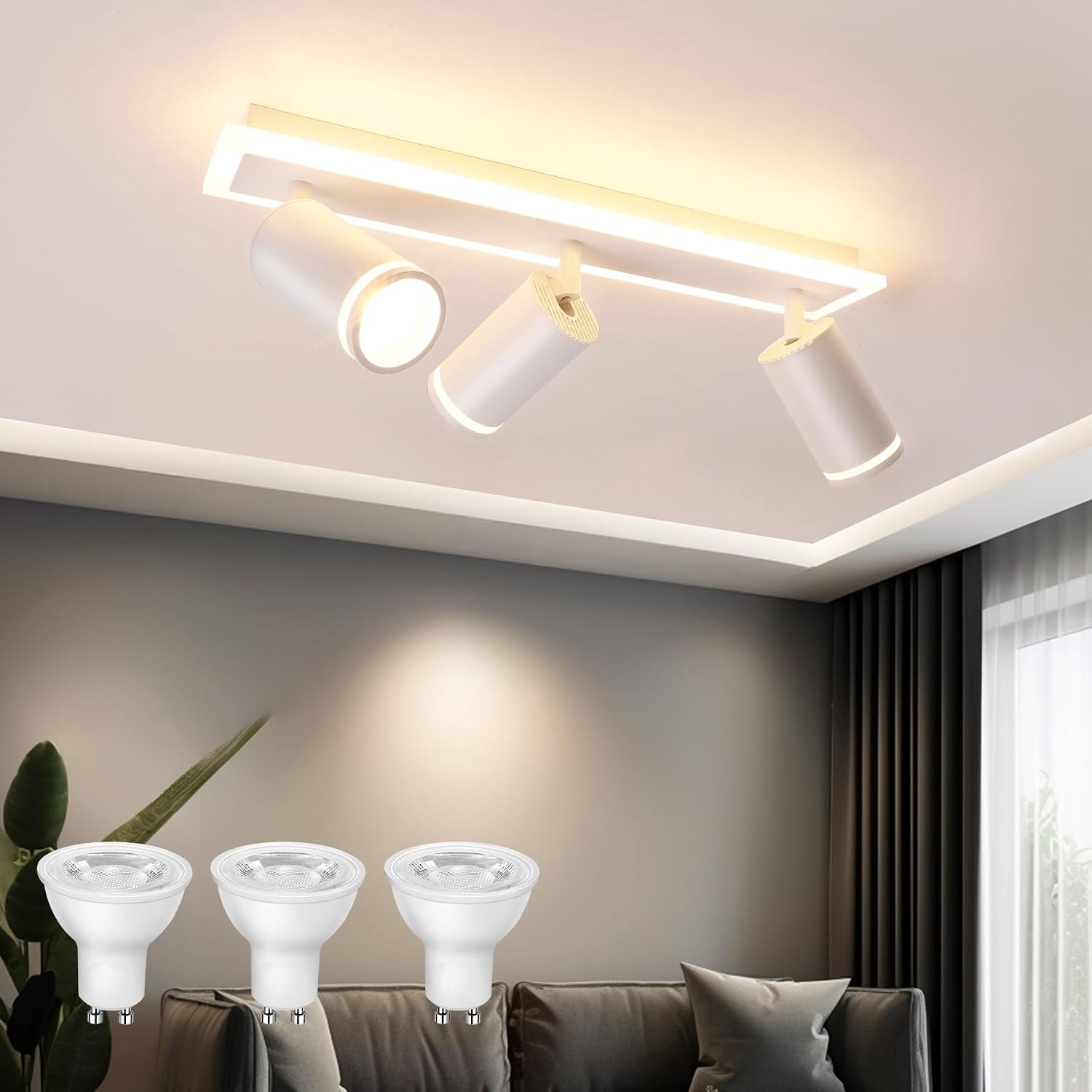 Plafondlamp met 3 spots, modern, wit, plafondlamp, plafondlamp met onderverlichting, 10 W + 3 x 5 W, GU10 spots, warmwit, 3000 K, led-spot voor keuken, woonkamer, slaapkamer