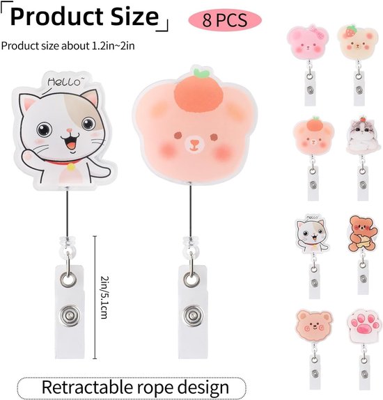 8 Stuks Schattige Cartoon Badge Reel Met Clip voor Zorgverleners, Onderwijs en Kantoor - Leuk Dierontwerp voor ID-Houders en Medische Studenten — afbeelding 5