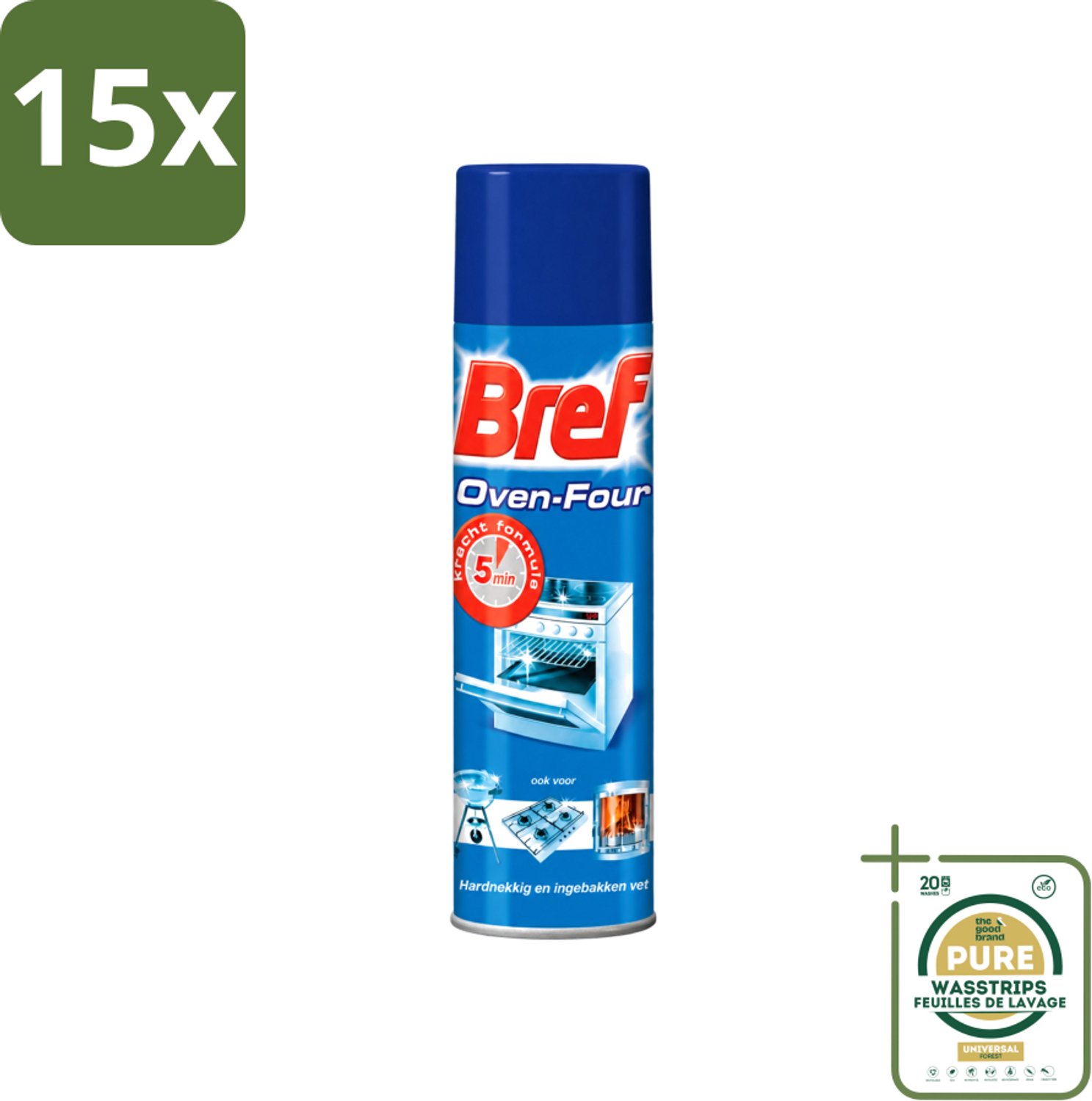 15 x Bref - Oven Spray - Tegen Hardnekkig en Ingebakken Vet - 450 ml - Wasstrips - Oven Reinigen - Vet Verwijderen - Oven Reiniger - Keuken Reinigen - Vet Op Kookplaat Verwijderen