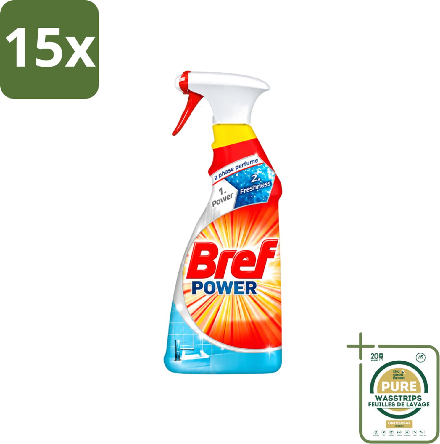 15 x Bref Power - Badkamerreiniger - Spray - Anti-Kalk & Vuil - Fris - 750 ml - Wasstrips - Kalk Verwijderen - Vuil Verwijderen - Badkamer Schoonmaken - Douchecabine Schoonmaken - Gootsteen Schoonmaken