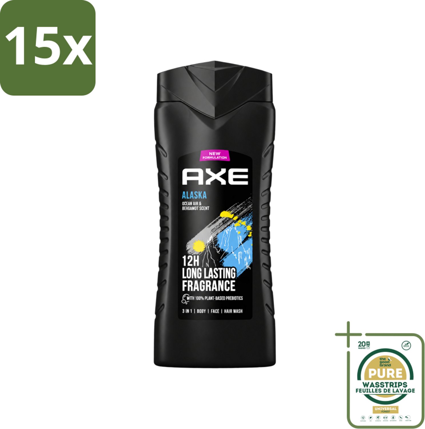 15 x Axe XL - 3-in-1 Douchegel - Alaska - Ocean Air & Bergamot - 12hrs Long Lasting Scent - 400 ml - Wasstrips - Douchegel - Oceaanlucht - Bergamot - Frisheid - 3-in-1