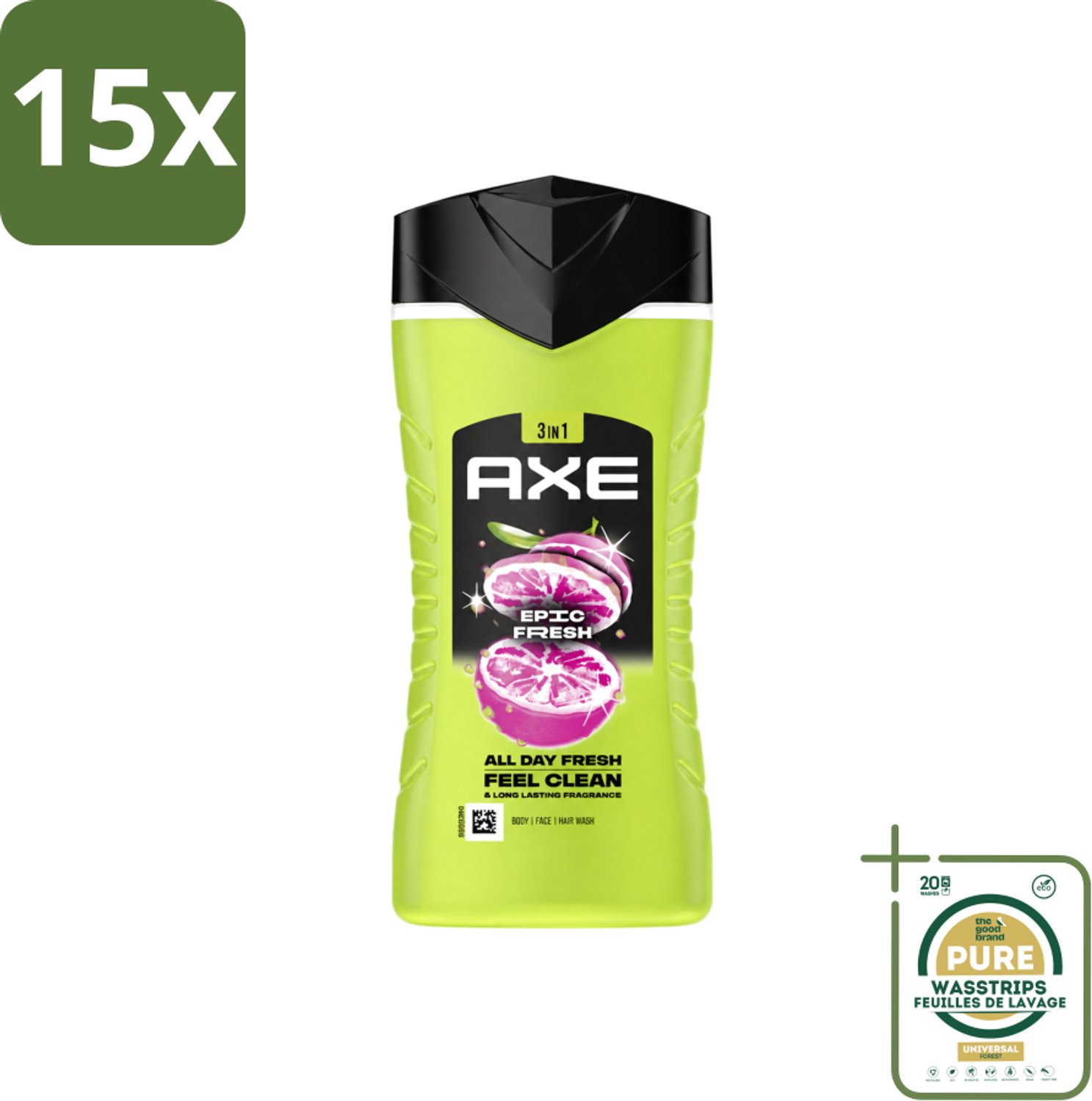 15 x Axe - 3-in-1 Douchegel - Epic Fresh - Grapefruit & Tropical Pineapple - Fresh Boost - 250 ml - Wasstrips - Douchegel - Frisheid - Geur - Lichaam - Gezicht