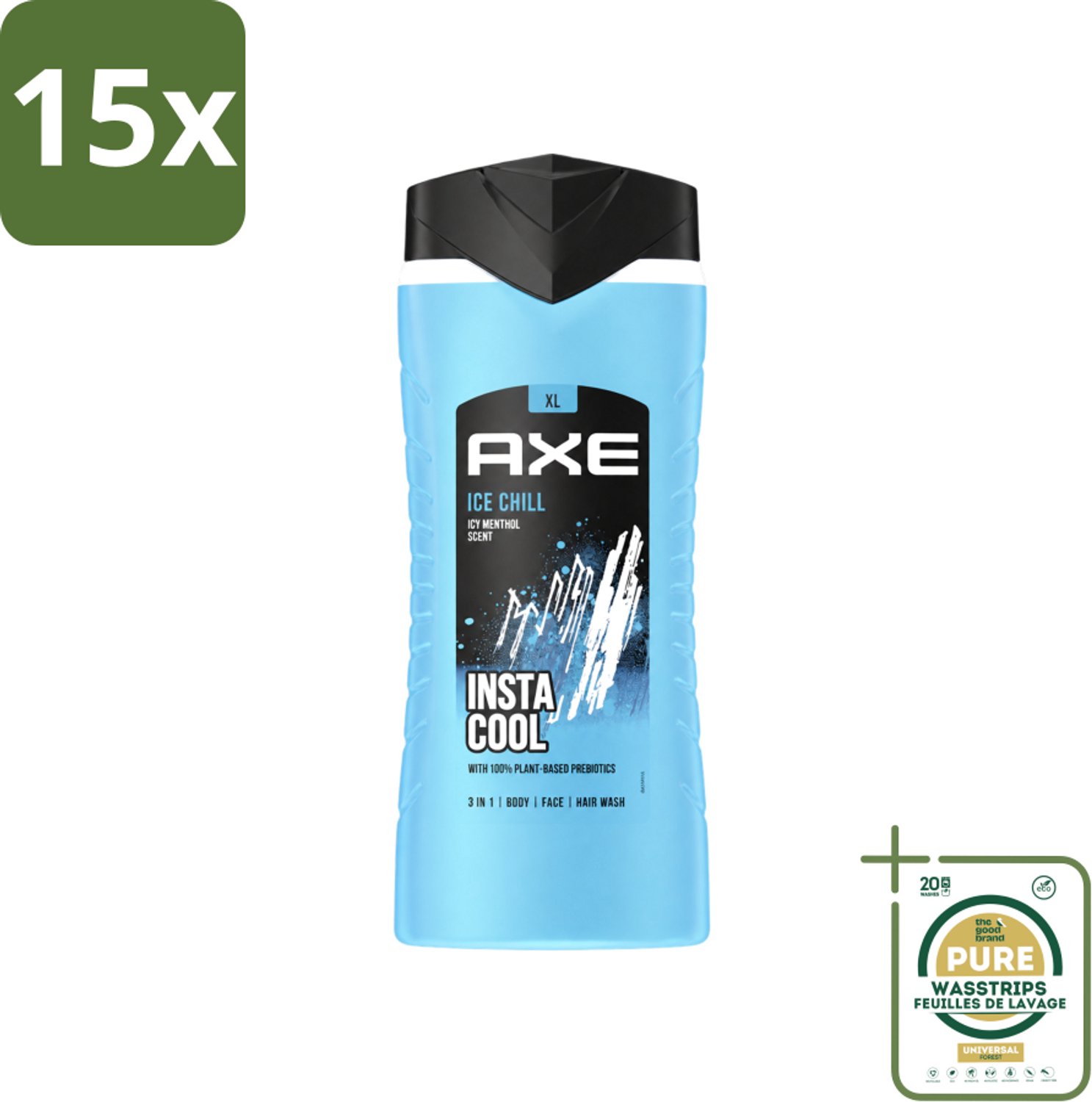 15 x Axe XL - 3-in-1 Douchegel - Ice Chill - Icy Menthol - Insta Cool - 400 ml - Wasstrips - Douchegel - Frisheid - Bevroren Munt - Citroen - 3-in-1