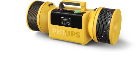 Gele Philips Bluetooth-speaker met zwarte luidsprekerroosters, draagbeugel, digitaal scherm en kleurrijke knoppen.