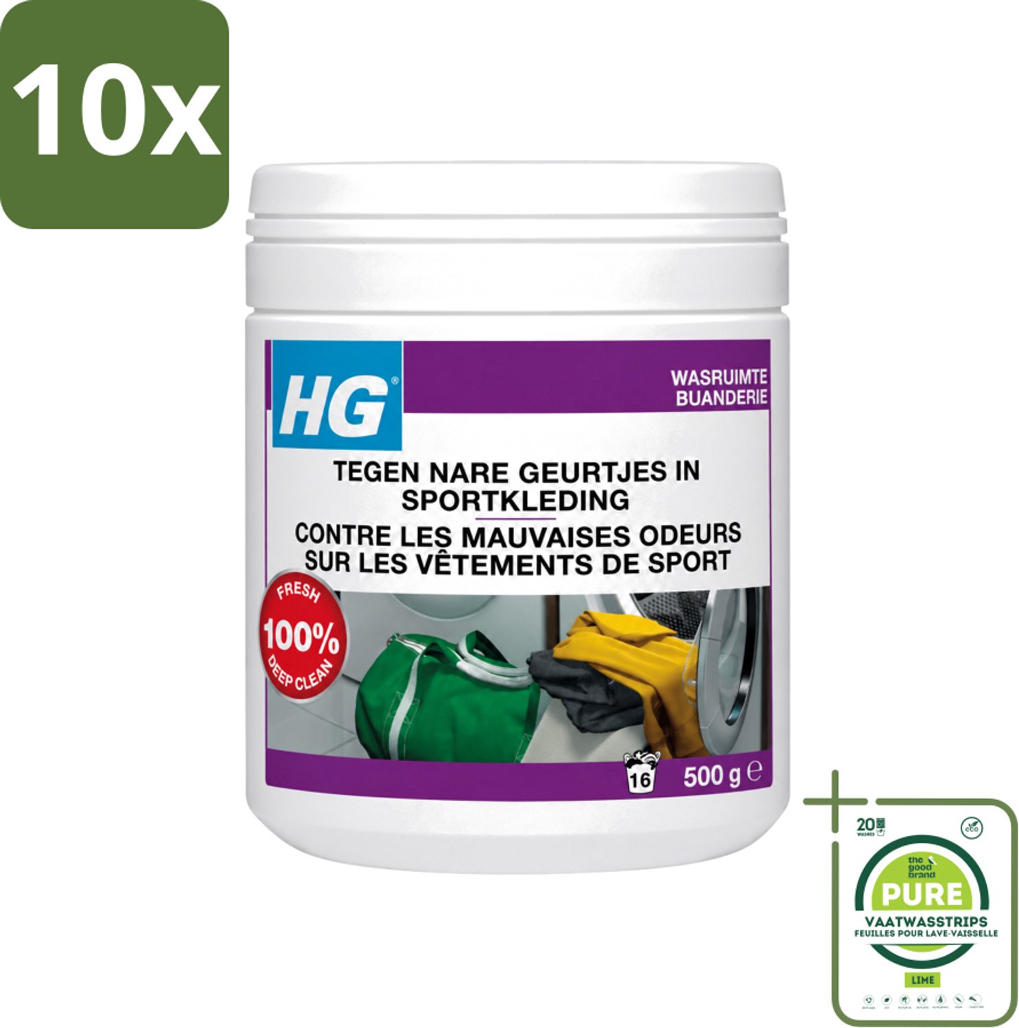 10 x HG - Wasruimte - Tegen Nare Geurtjes In Sportkleding - Wasmiddeltoevoeging - 500 g - Grootverpakking - Vaatwasstrips - Geurverwijdering Sportkleding - Stankmoleculen Verwijderen - Wasmiddel Toevoeging - Sportkleding Geur - Handdoek Geur