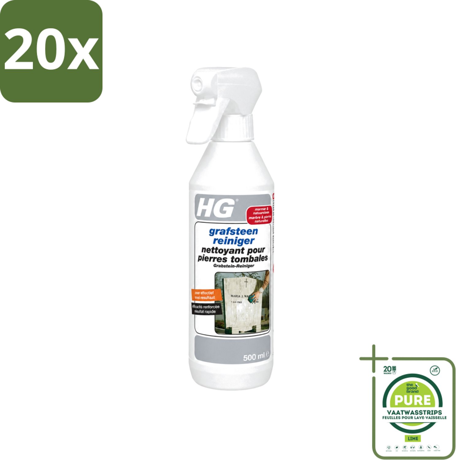 20 x HG - Grafsteenreiniger - Beschermt & Reinigt - 500 ml - Grootverpakking - Vaatwasstrips - Grafsteen Reinigen - Natuursteen Reinigen - Grafsteen Onderhoud - Grafsteen Reiniger - Grafsteen Behandelen