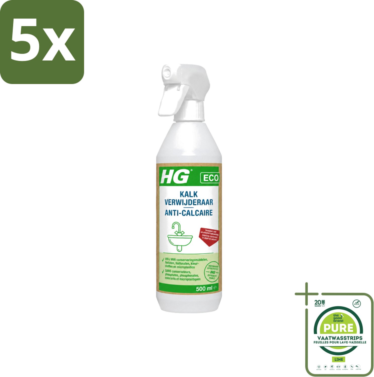 5 x HG ECO - Kalkverwijderaar - Snel & Effectief - Glanzend Resultaat - 500 ml - Grootverpakking - Vaatwasstrips - Kalkverwijderaar - Kalkaanslag - Milieuvriendelijk - Natuurlijke Ingrediënten - Conserveringsmiddelen Vrij