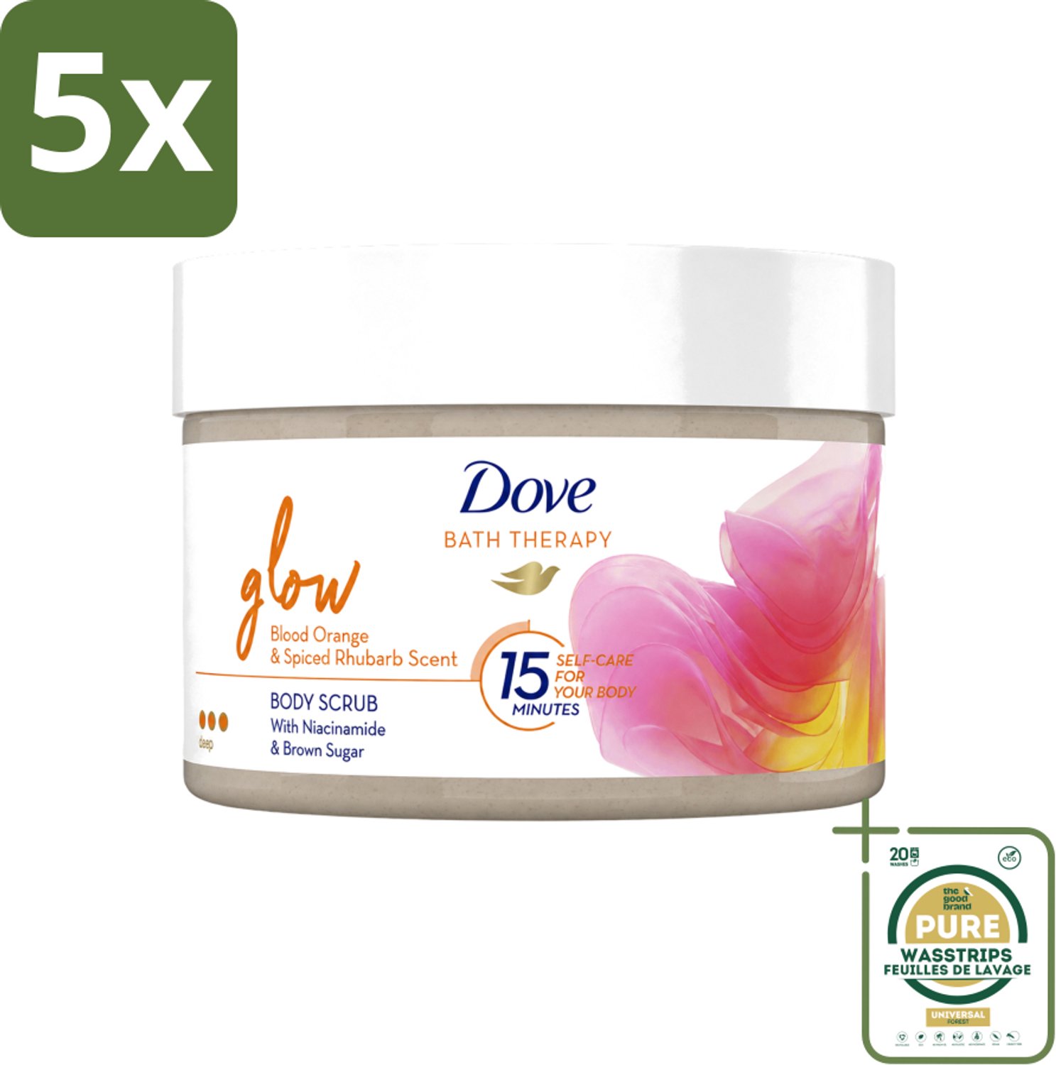 5 x Dove Bath Therapy Glow - Bodyscrub - Bloedsinaasappel & Rabarber - 295 ml - Wasstrips - Huid Verzorging - Huid Stralen - Huid Glans - Huid Exfoliatie - Huid Hydratatie