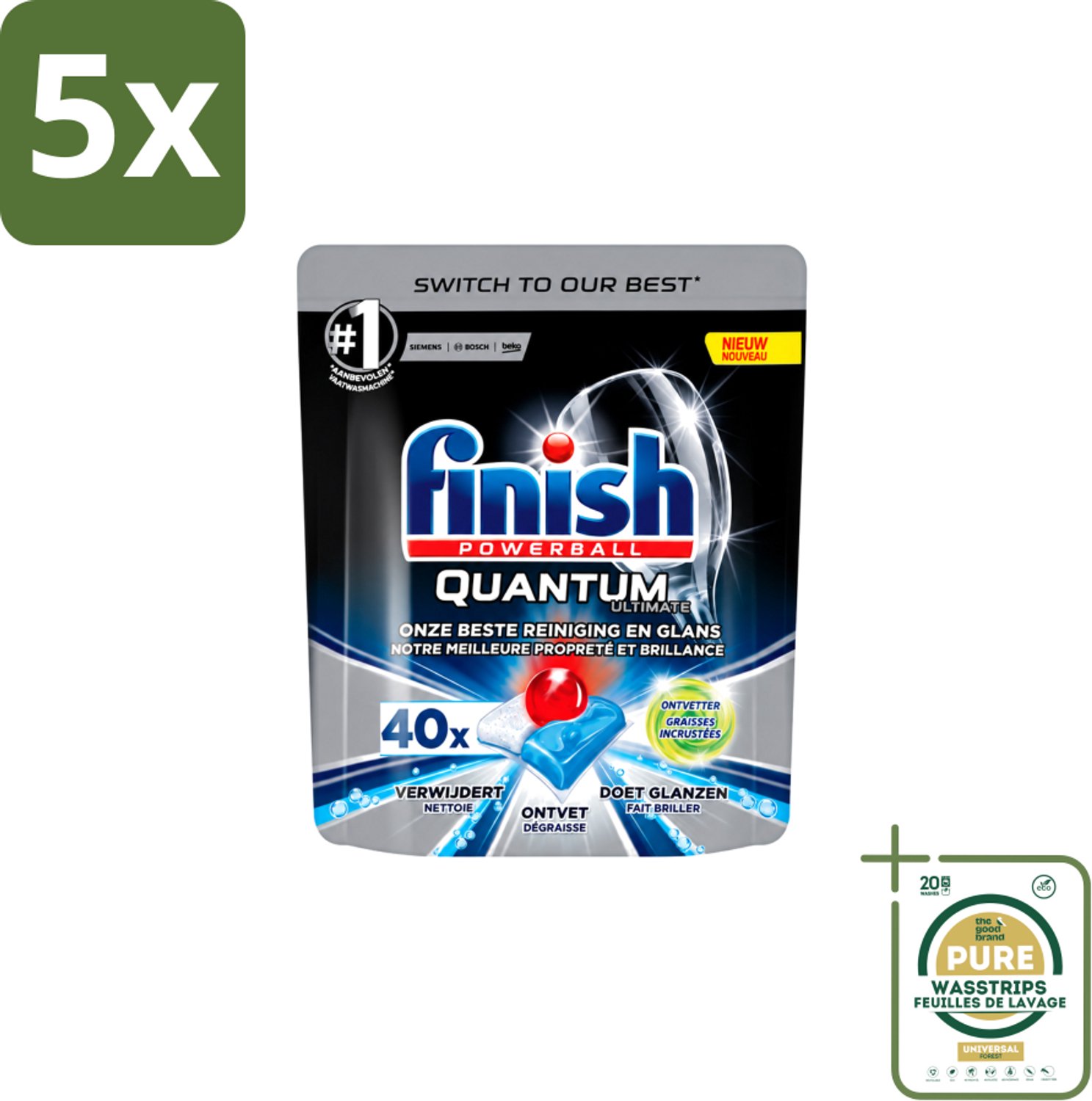 5 x Finish Powerball - Quantum Ultimate - Vaatwastabletten - Ontvetter - 40 Tabletten - Wasstrips - Vaatwasmiddel - Vaatwastablet - Ontvetter - Vaatwasser - Vetverwijdering