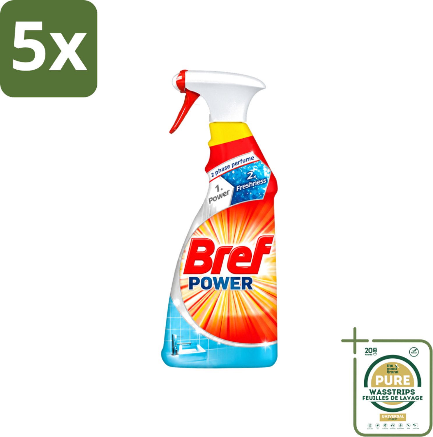 5 x Bref Power - Badkamerreiniger - Spray - Anti-Kalk & Vuil - Fris - 750 ml - Wasstrips - Kalk Verwijderen - Vuil Verwijderen - Badkamer Schoonmaken - Douchecabine Schoonmaken - Gootsteen Schoonmaken