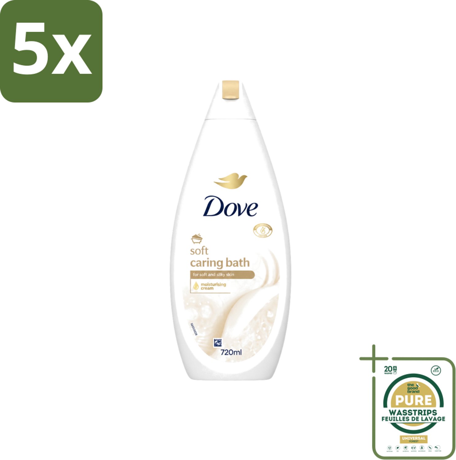 5 x Dove – Badcrème – Soft – 720 ml - Wasstrips - Douchegel - Zachte Reiniging - Zijdezachte Huid - Glycerine - Schuim