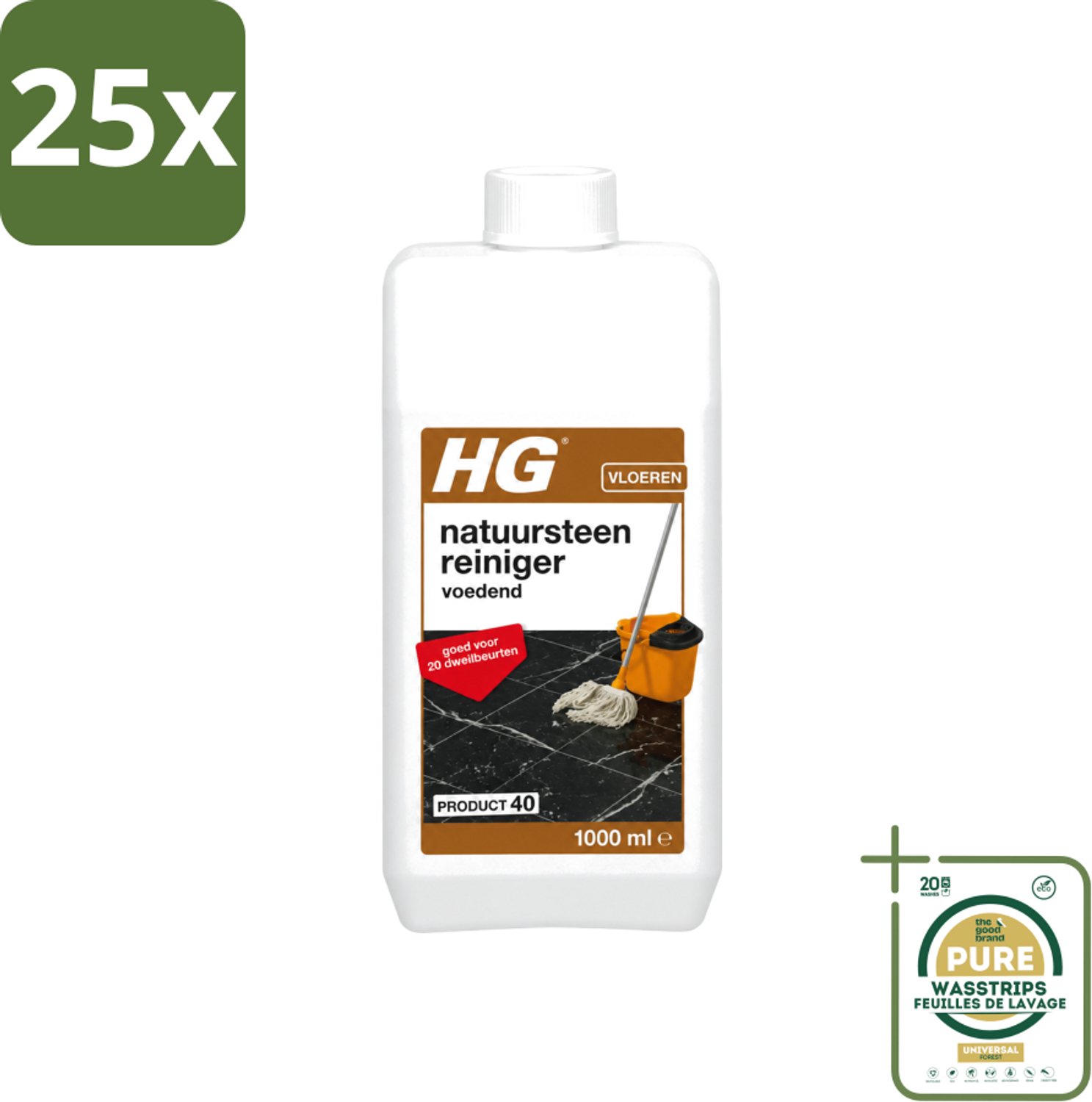 25 x HG - Natuursteenreiniger - Hydraterend - Voor Regelmatige Reiniging - 20 Dweilbeurten - 1L - Wasstrips - Natuursteen Reinigen - Marmer Reinigen - Natuursteen Voeden - Vloer Reinigen - Dweilreiniger