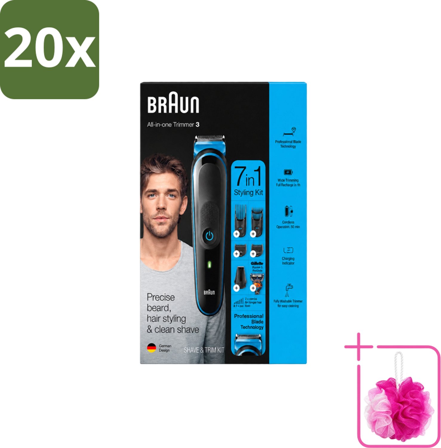 20 x Braun - Trimset - 7-in-1 - 1 Trim Apparaat - 6 Opzetstukken - Bulkverpakking - Baard trimmer - Douchemop - Gezichtshaar trimmer