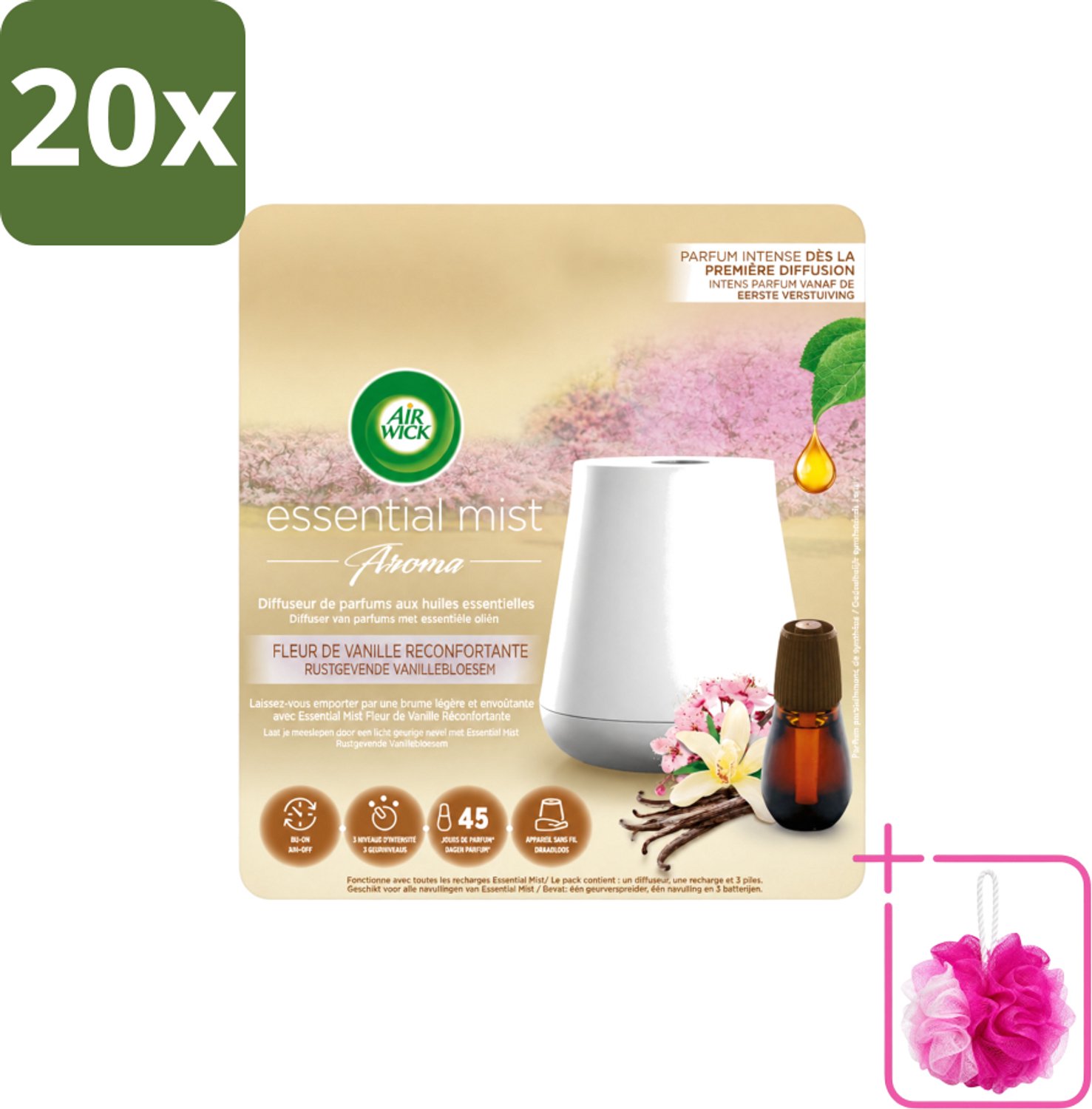 20 x Air Wick Essential Mist - Elektrische Geurverspreider - Starterkit - Rustgevende Vanillebloesem - 20ml - Bulkverpakking - Geurverspreider - Douchemop - Vanillebloesem