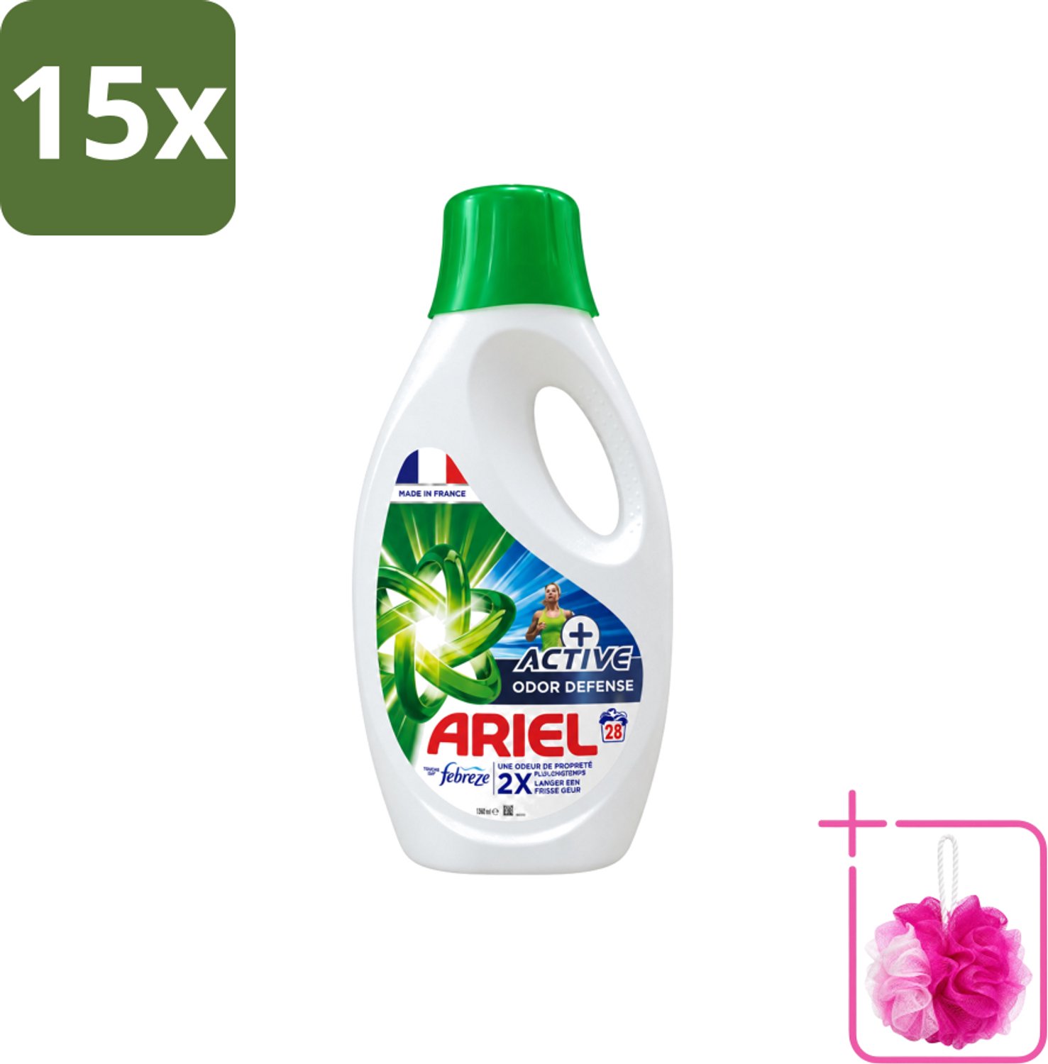 15 x Ariel – Vloeibaar Wasmiddel – Active Odor Defense – 1,26 L – 28 wasbeurten - Bulkverpakking - Geurverwijderend wasmiddel - Douchemop - Sportkleding wassen
