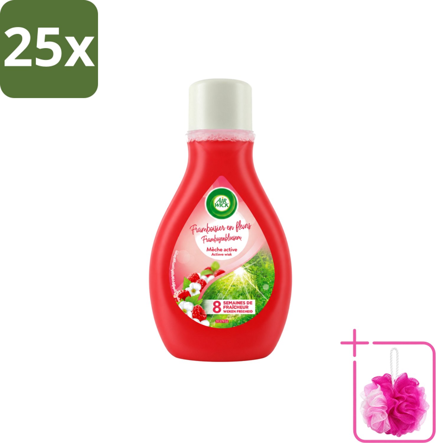 25 x Air Wick – Luchtverfrisser – Actieve Wiek Framboos & Bloesem – 375 ml - Bulkverpakking - Luchtverfrisser - Douchemop - Geur
