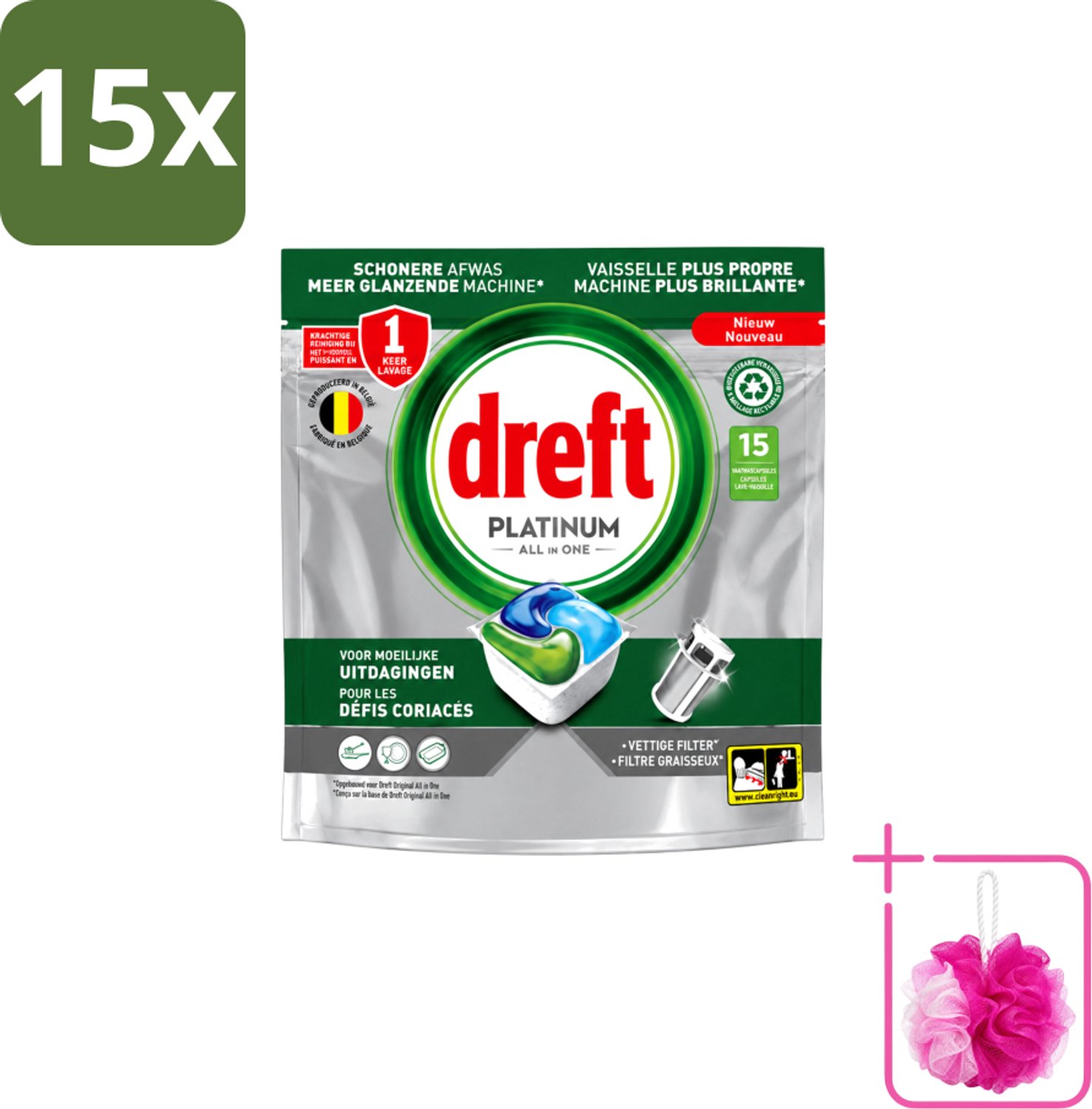 15 x Dreft – Vaatwascapsules – Platinum All-in-One – 15 Capsules - Bulkverpakking - Vaatwasmiddel - Douchemop - Vaatwascapsule