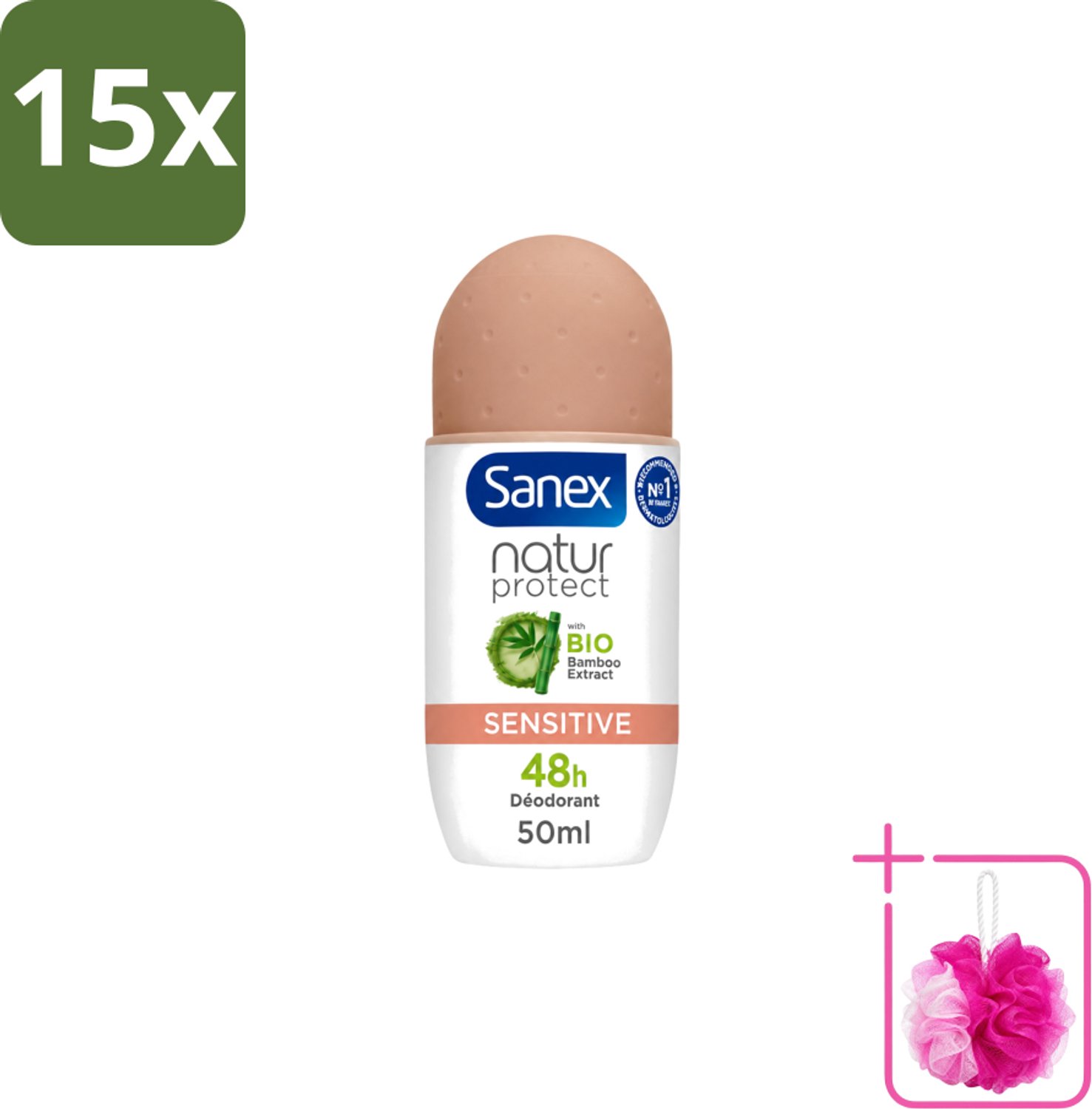 15 x Sanex – Deodorant Roll-On – Natur Protect Sensitive – 50 ml - Bulkverpakking - Gevoelige huid - Douchemop - Deodorant roll-on