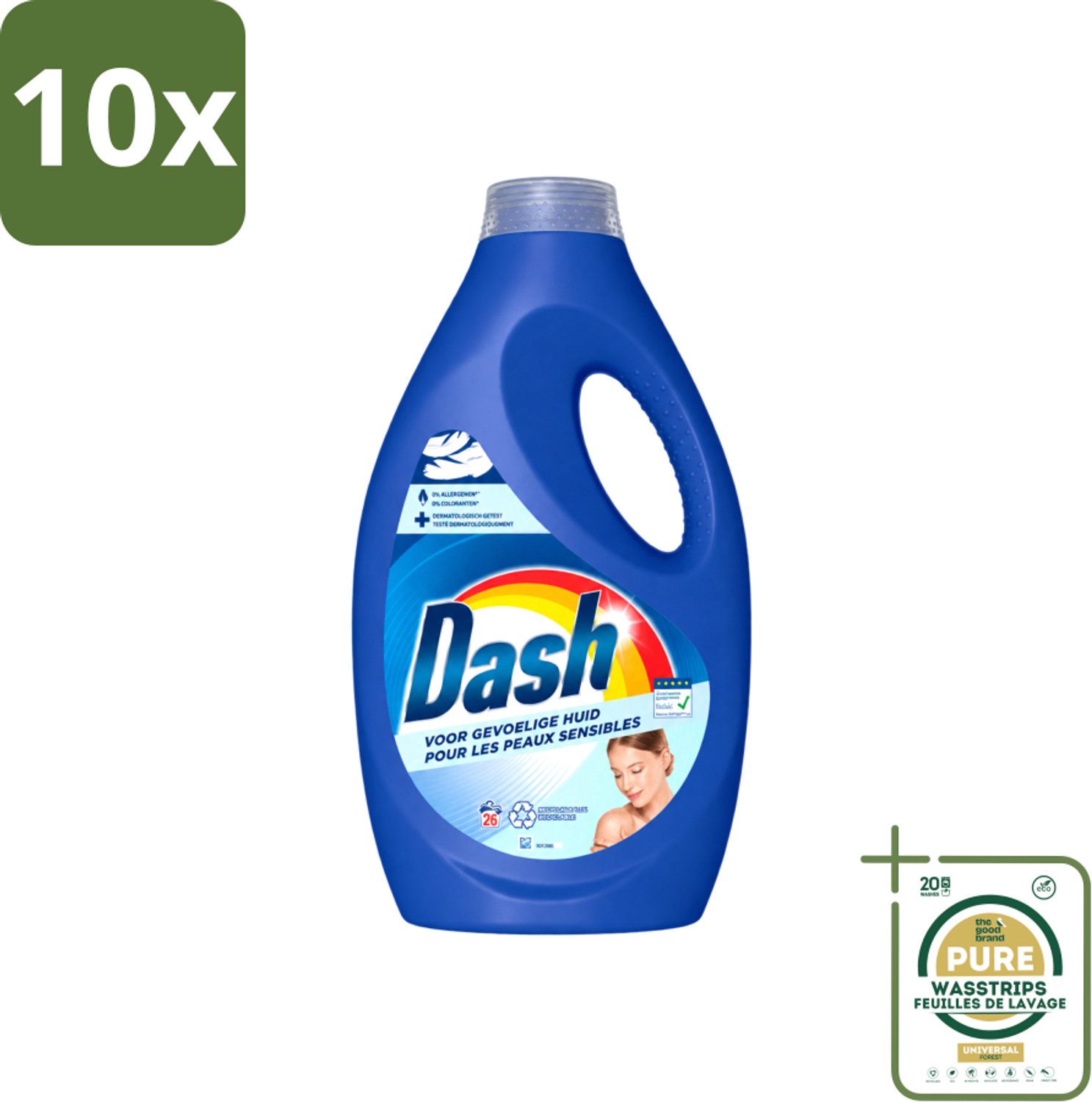 10 x Dash Sensitive - Vloeibaar Wasmiddel - Voor Gevoelige Huid - Witte en Gekleurde Was - 26 Wasbeurten - Wasstrips - Gevoelige Huid - Wasmiddel - Zachte Was - Dermatologisch Getest - ECARF