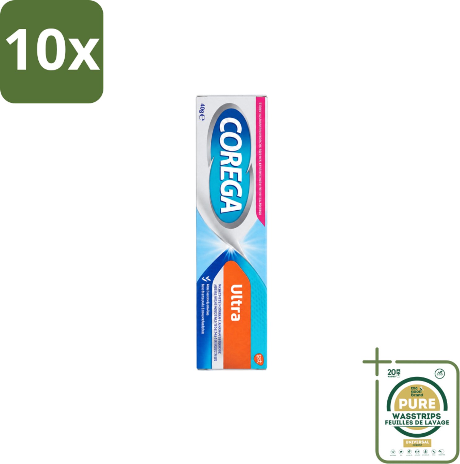 10 x Corega Ultra Kleefcrème - Krachtig Houvast & Bescherming - Met Verfrissende Mintsmaak - 40g - Wasstrips - Gebitprothese Kleefcrème - Houvast Gebitsprothese - Prothese Fixatie - Prothese Crème - Mintsmaak Prothese