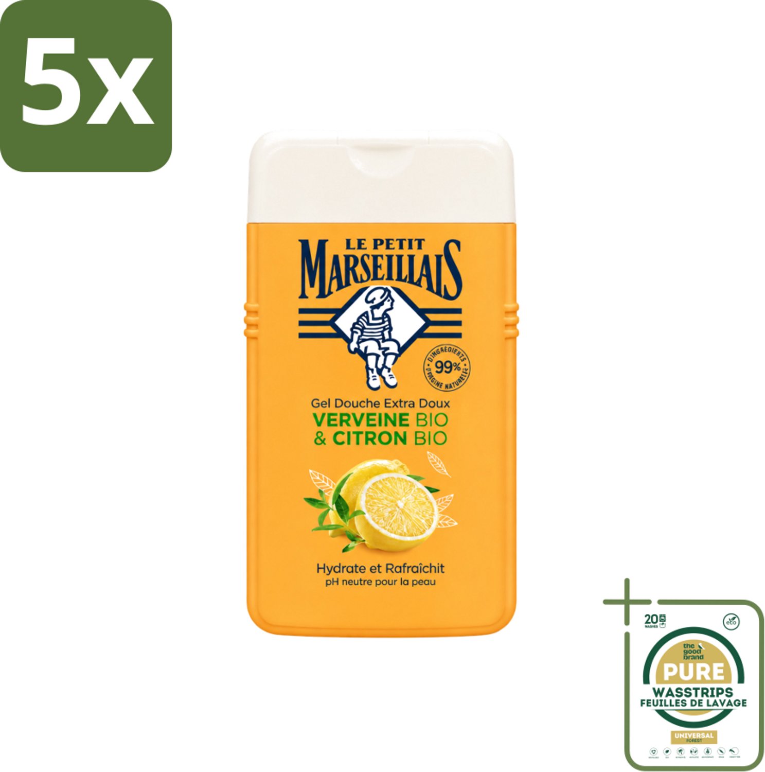5 x Le Petit Marseillais - Douchegel - Citroen & Verbena - Hydraterend - 250ml - Wasstrips - Douchegel Citroen Verbena - Hydraterende Douchegel - Citroen En Verbena - Biologische Douchegel - Neutrale PH Douchegel