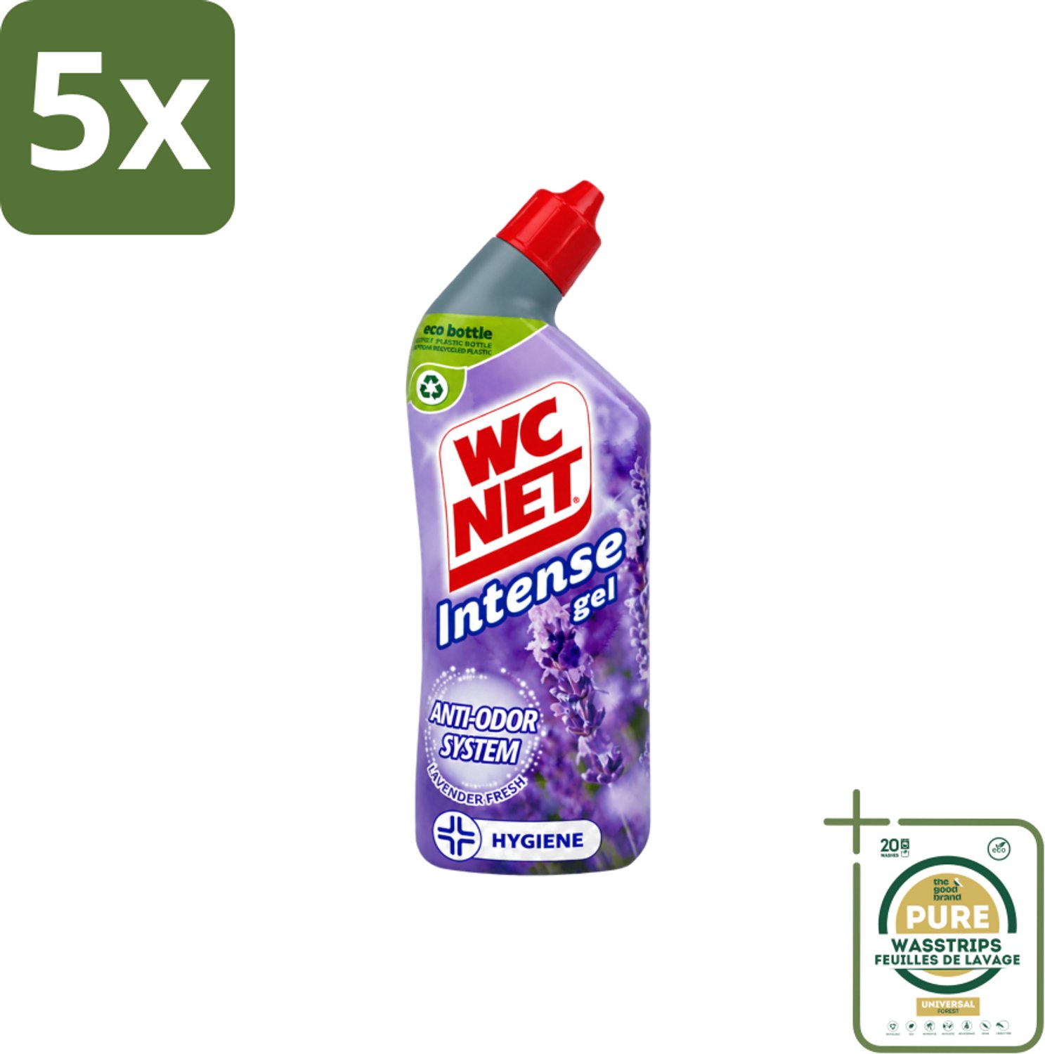 5 x WC Net - Toiletreiniger - Gel - Lavendel - Gerecycled Materiaal - 750 ml - Wasstrips - WC Net - Toilet Reiniger - Lavendel Geur - Anti-geur - Gerecycled Fles