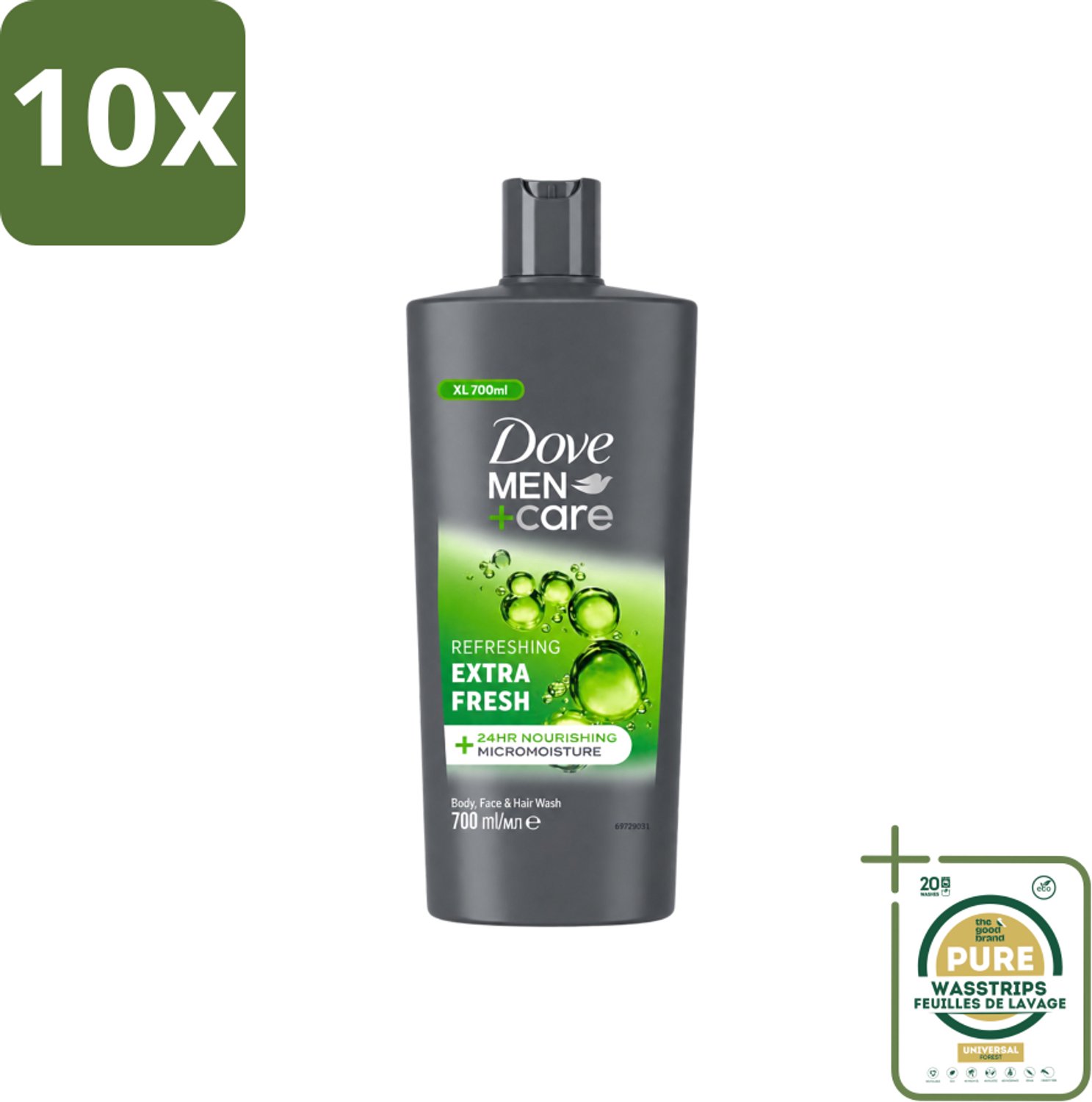 10 x Dove Men+Care - Extra Fresh - Douchegel 3-in-1 - Verzorgend - 700 ml - Wasstrips - Douchegel Voor Mannen - Verfrissende Douche - Hydraterende Douche - Gezichtsproduct Voor Mannen - Haarproduct Voor Mannen