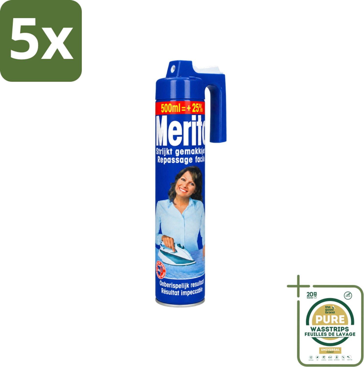 5 x Merito - Strijkspray - 500 ml - Wasstrips - Strijkspray - Linnen Strijken - Kleuren Herstellen - Strijken Makkelijker - Frisse Geur