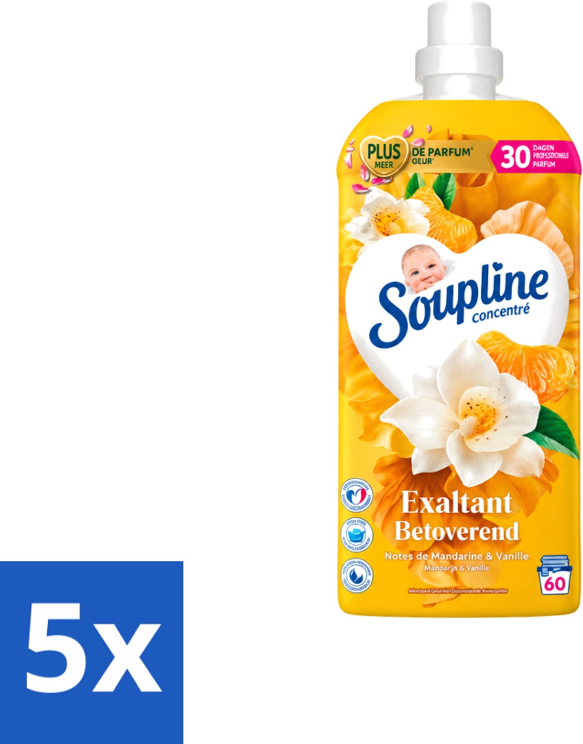 5 x Soupline – Wasverzachter – Betoverend Mandarijn & Vanille – 1,28 L - Voordeelverpakking - 5 stuks