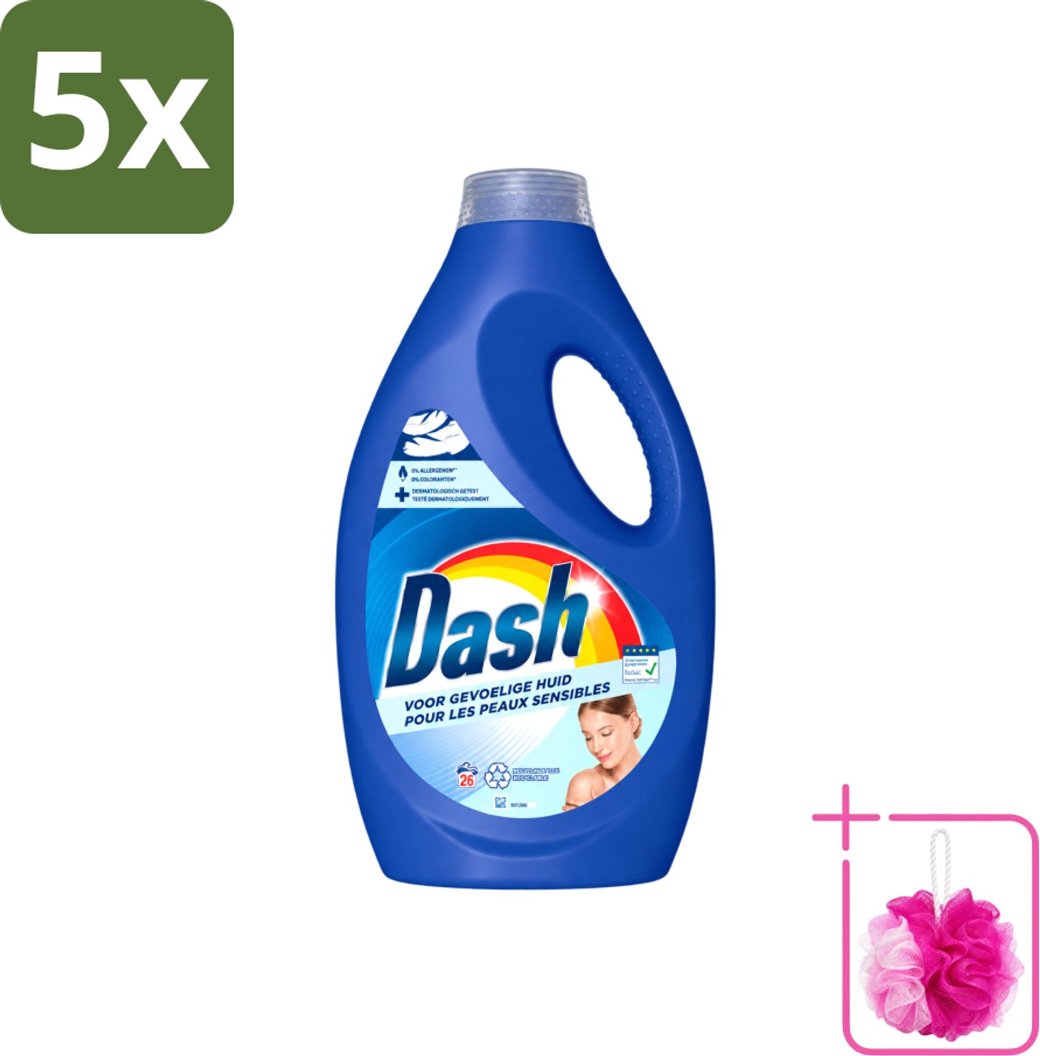 5 x Dash Sensitive - Vloeibaar Wasmiddel - Voor Gevoelige Huid - Witte en Gekleurde Was - 26 Wasbeurten - Bulkverpakking - Gevoelige huid - Douchemop - Wasmiddel