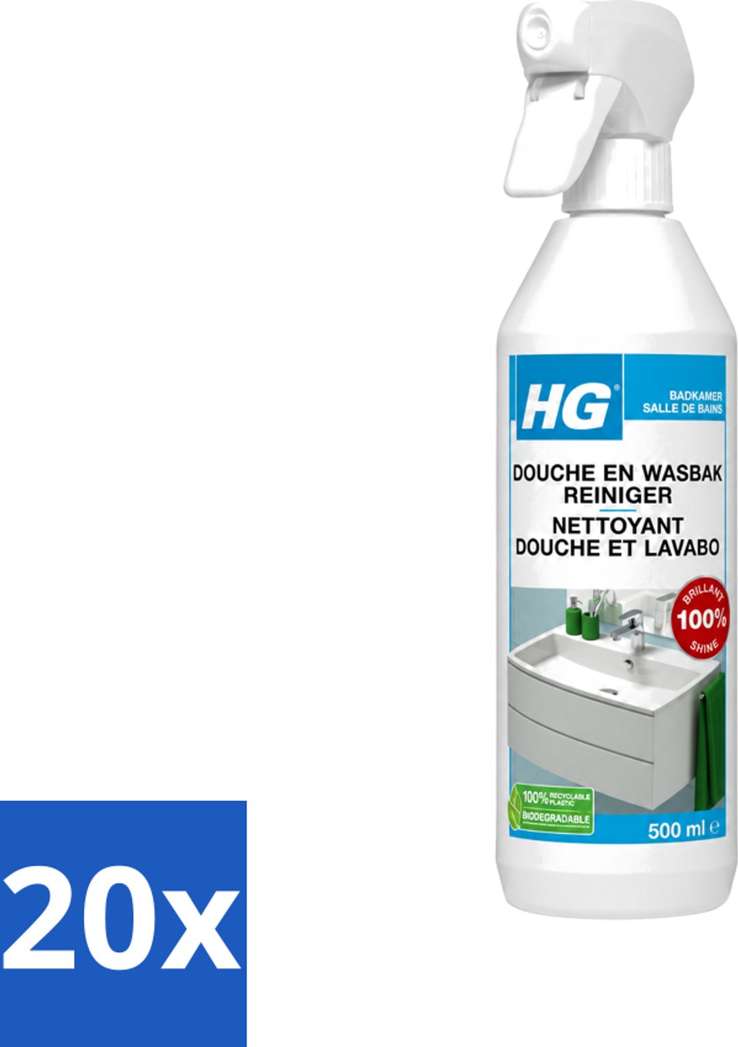 20 x HG - Badkamer - Douche-& Wasbakreiniger - Spray - Extra Glans - 500 ml - Voordeelverpakking - 20 stuks
