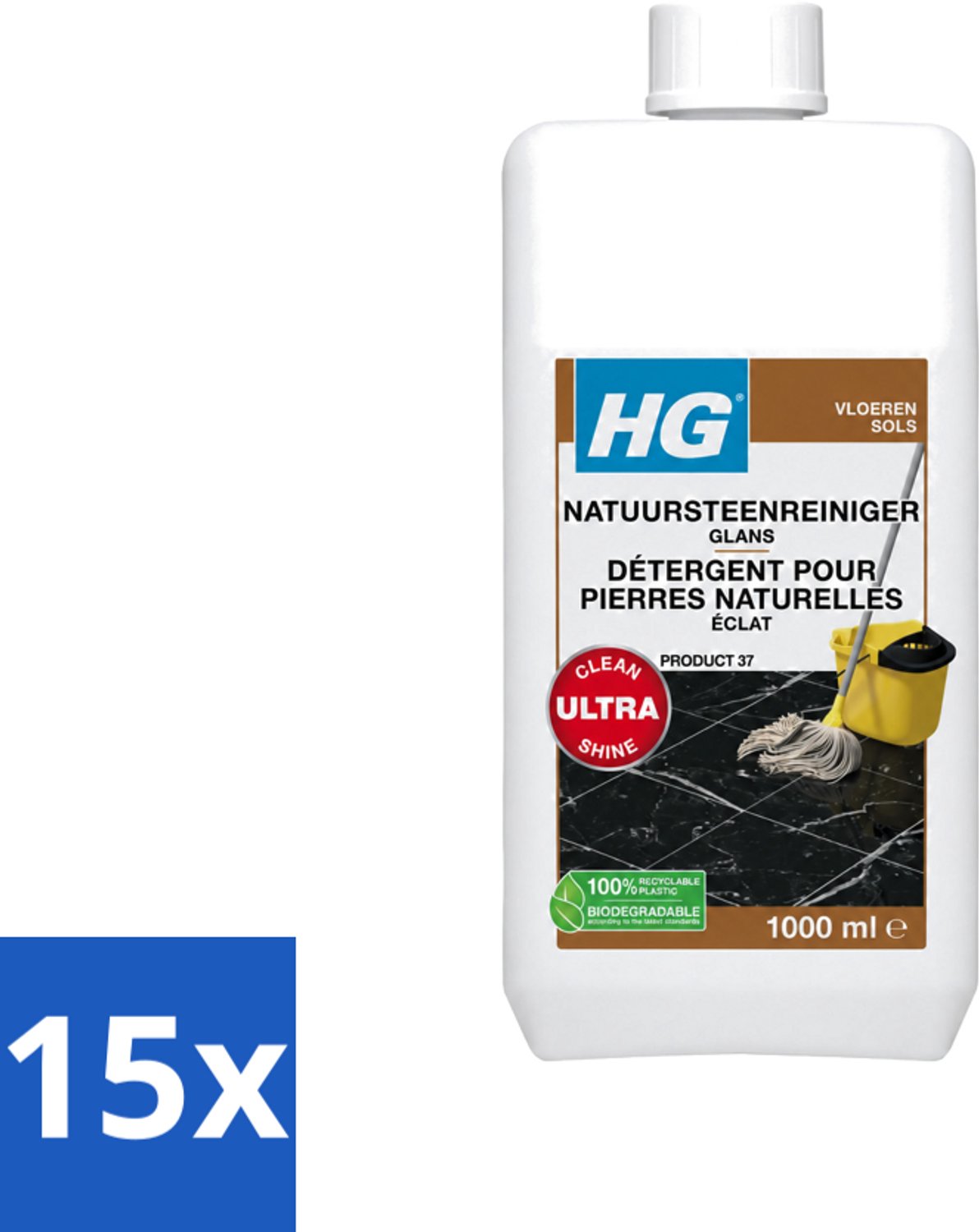 15 x HG - Natuursteenreiniger Glans - Ultra Glans - 20 Dweilbeurten - 1L - Voordeelverpakking - 15 stuks