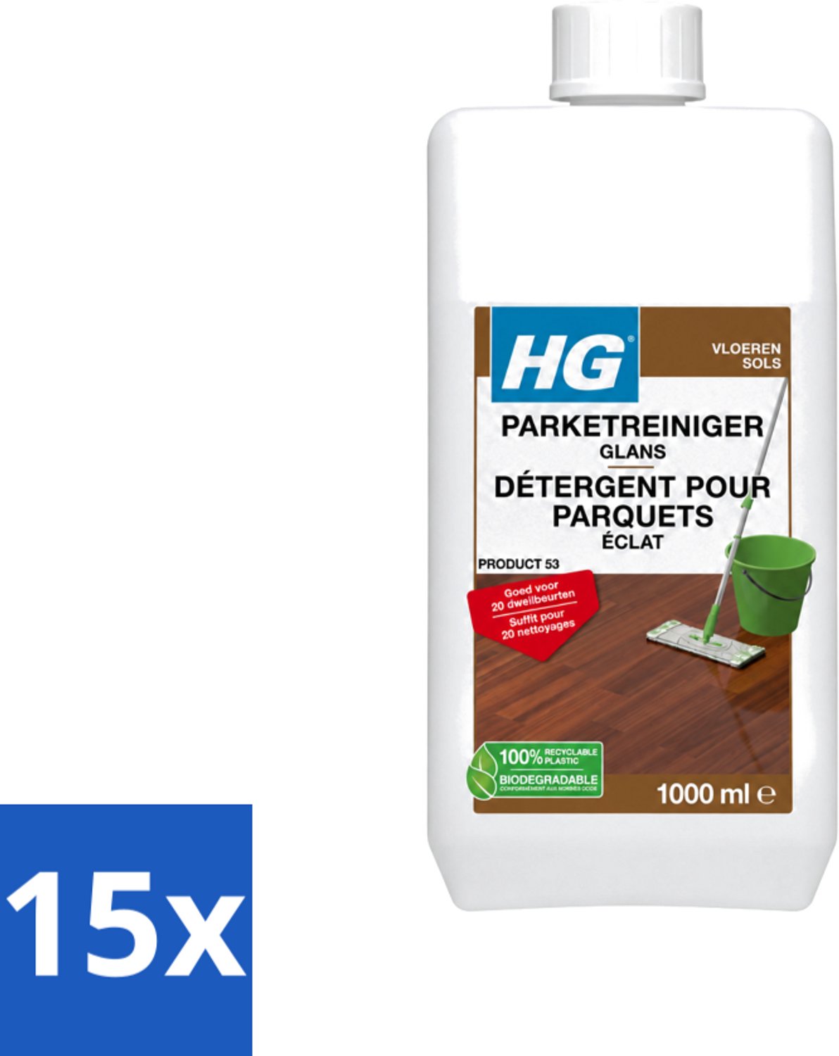 15 x HG - Vloeren - Parketreiniger Glans - 20 Dweilbeurten - 1L - Voordeelverpakking - 15 stuks