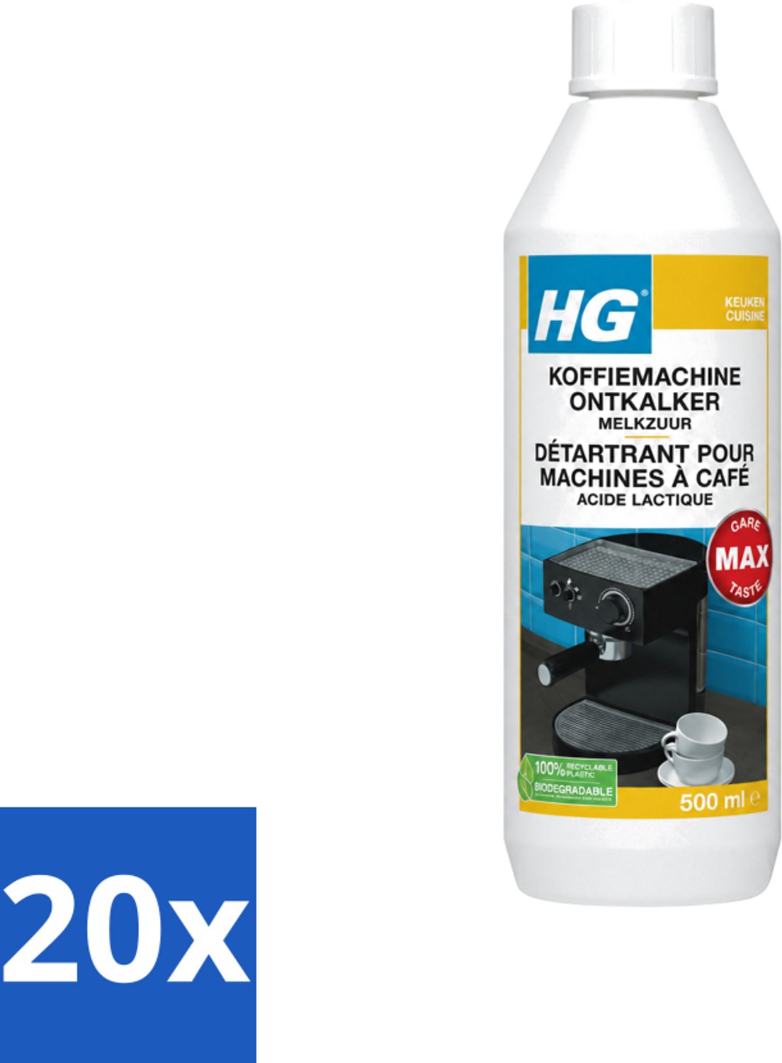 20 x HG - Koffiemachine Ontkalker - Op Basis Van Melkzuur - 4 tot 5 Reinigingsbeurten - 500 ml - Voordeelverpakking - 20 stuks