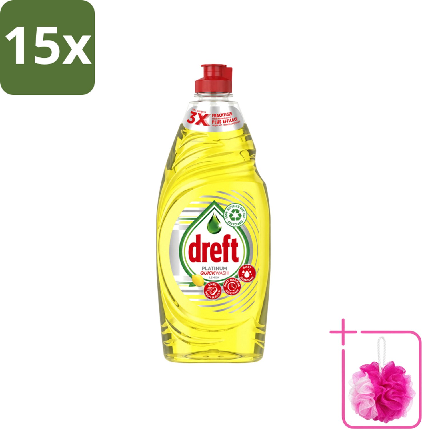 15 x Dreft Platinum Quickwash - Vloeibaar Afwasmiddel - Citroen- 625 ml - Bulkverpakking - Snel reinigen - Douchemop - Vaat reinigen